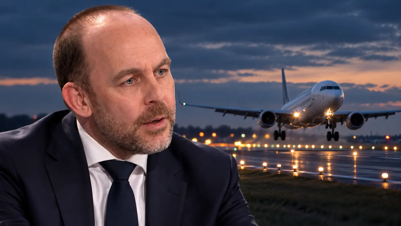 Illustratie van Bart van den Brink met achter hem een landend passagiersvliegtuig bij schemering.