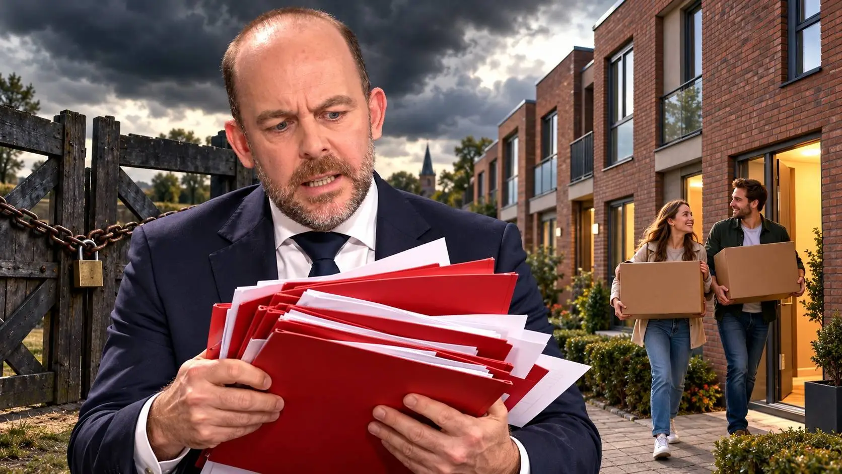 AI-illustratie van Bart van den Brink met rode dossiers, met achter hem een gesloten houten hek en een jong stel met verhuisdozen bij nieuwe starterswoningen.