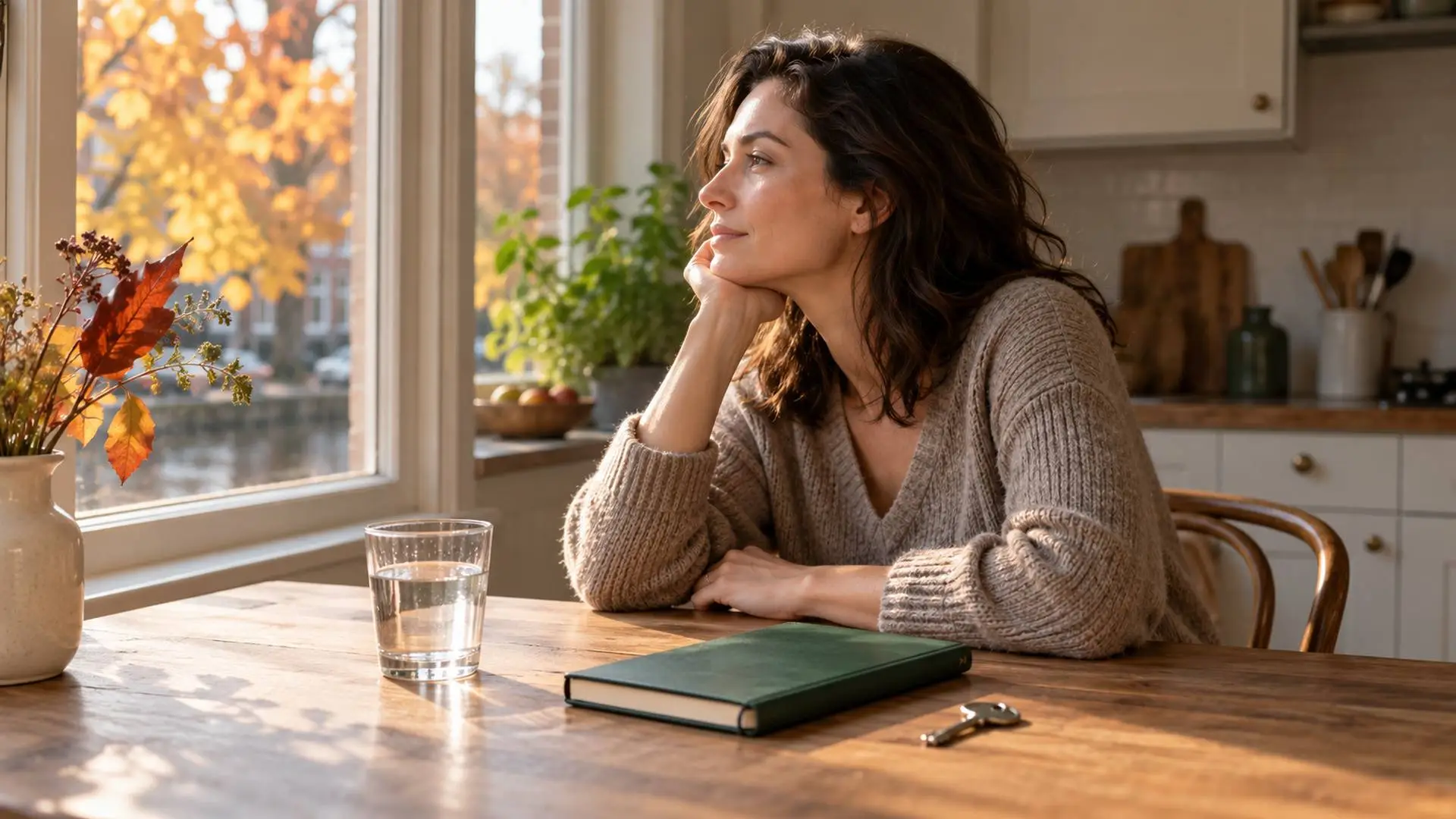 Vrouw aan een houten keukentafel bij het raam met een glas water, een gesloten notitieboek en een huissleutel.