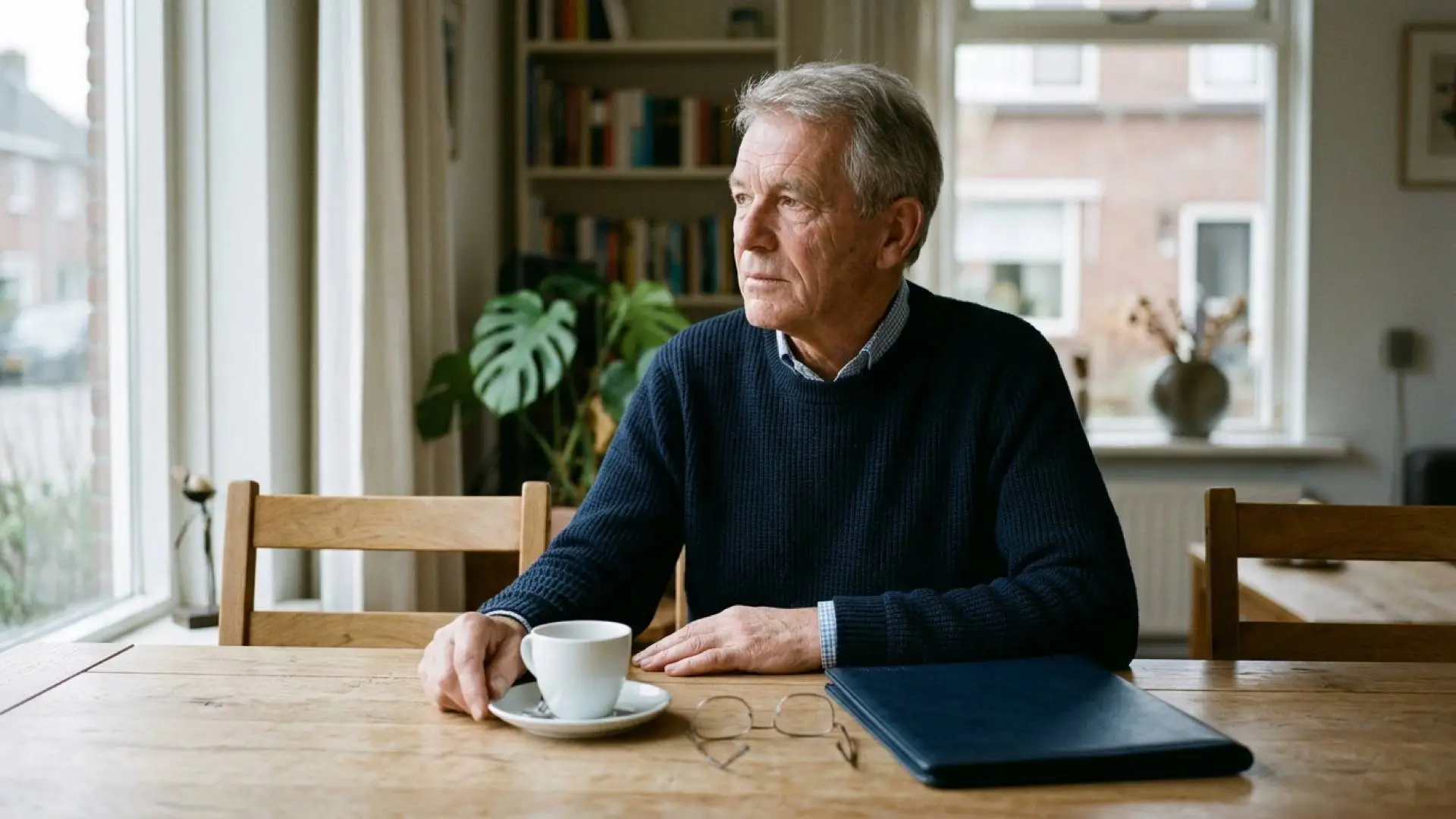 Man van middelbare leeftijd met grijs haar zit aan een houten eettafel met een kop koffie, leesbril en donkere map.