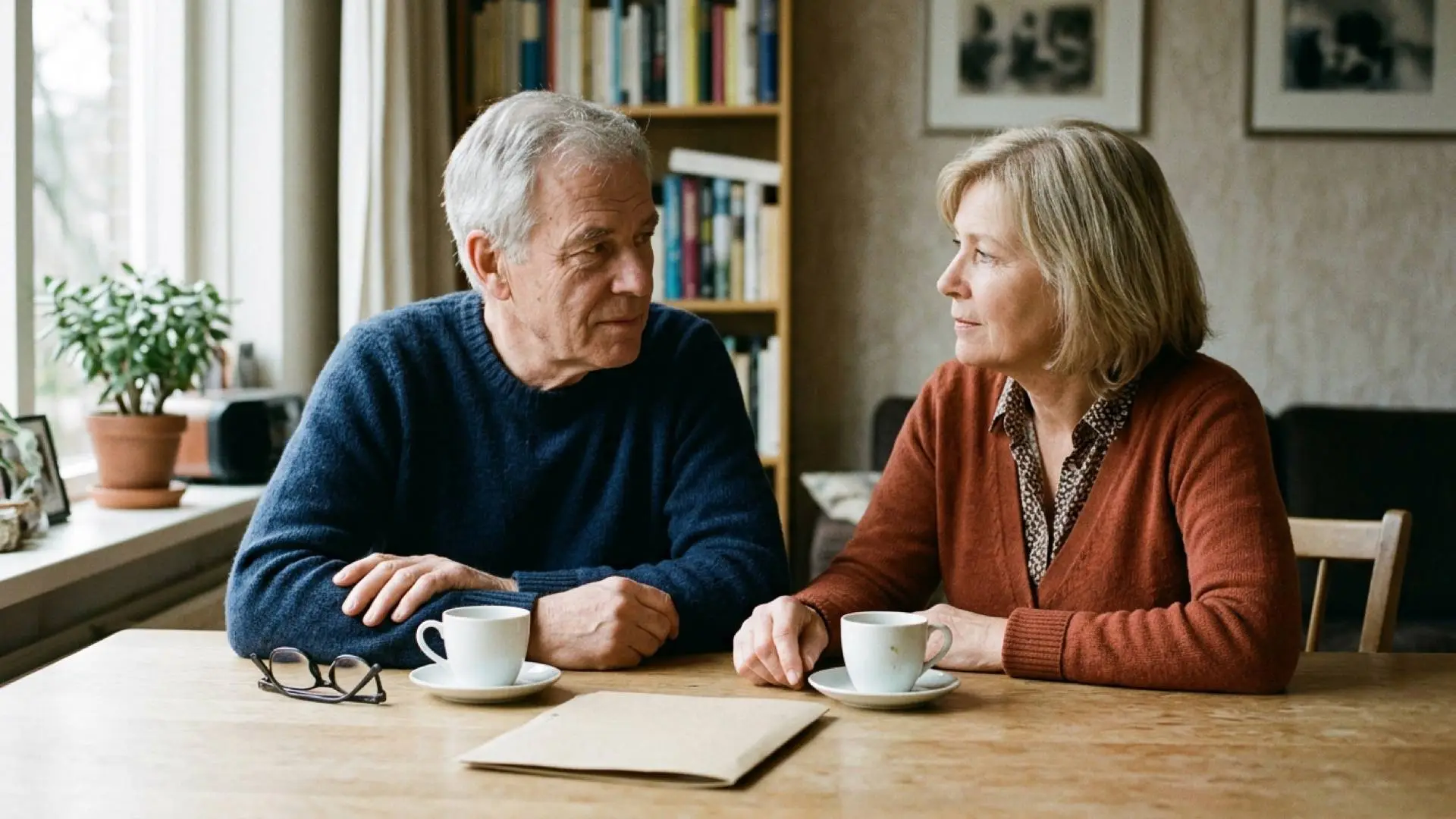 Oudere Nederlandse man en zijn iets jongere vrouw zitten met twee kopjes koffie en een dichte map aan een eikentafel