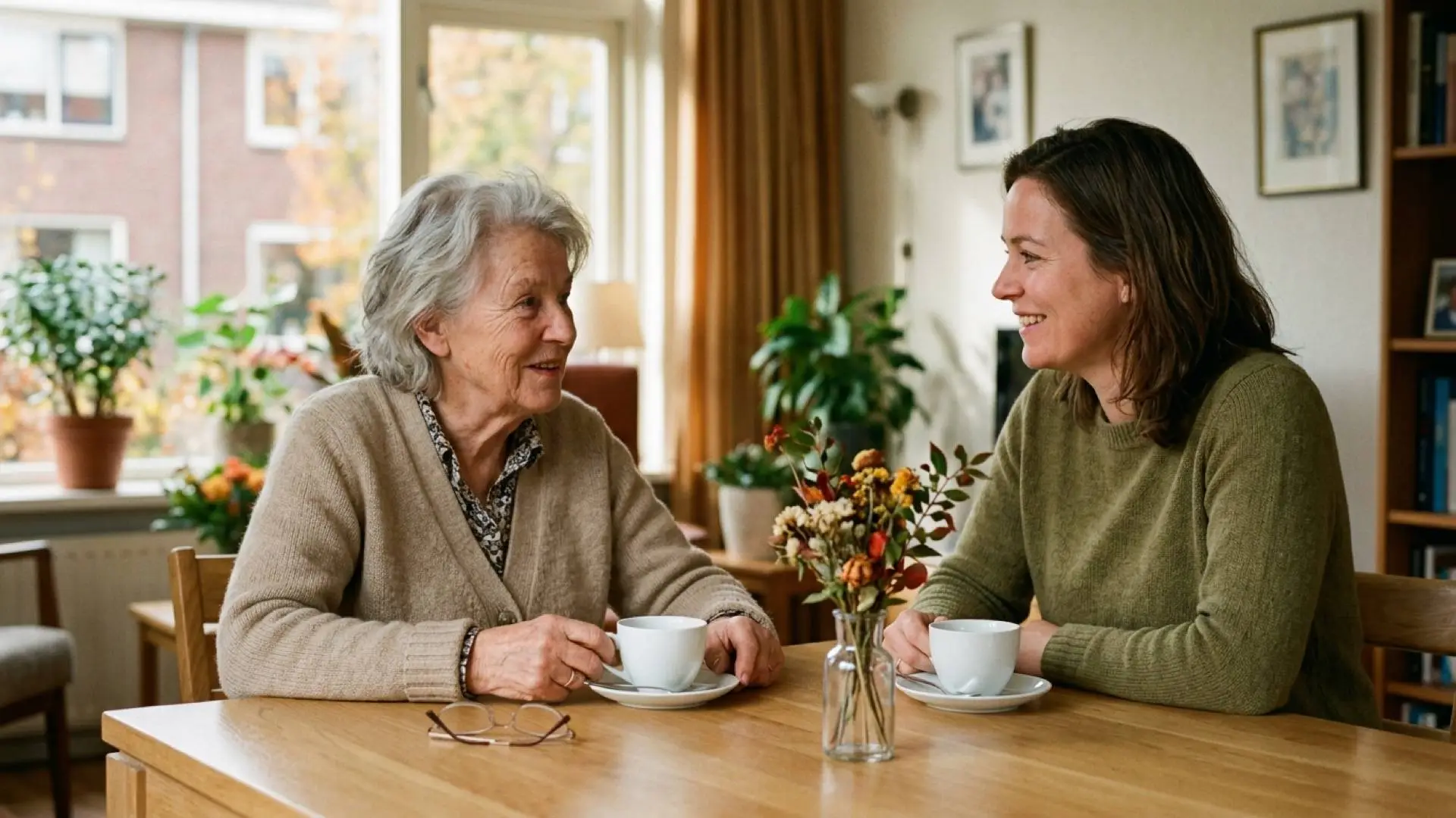 Oudere vrouw in beige vest en jongere vrouw in groene trui drinken samen koffie aan een houten eettafel in huis.