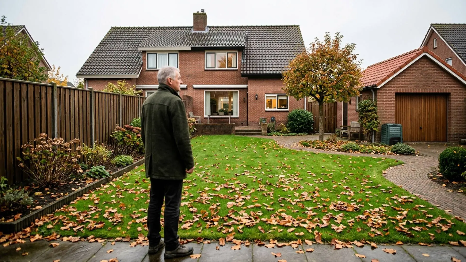 Man in donkergroene jas kijkt uit over een achtertuin met herfstbladeren, houten schutting, bakstenen woning en garage.