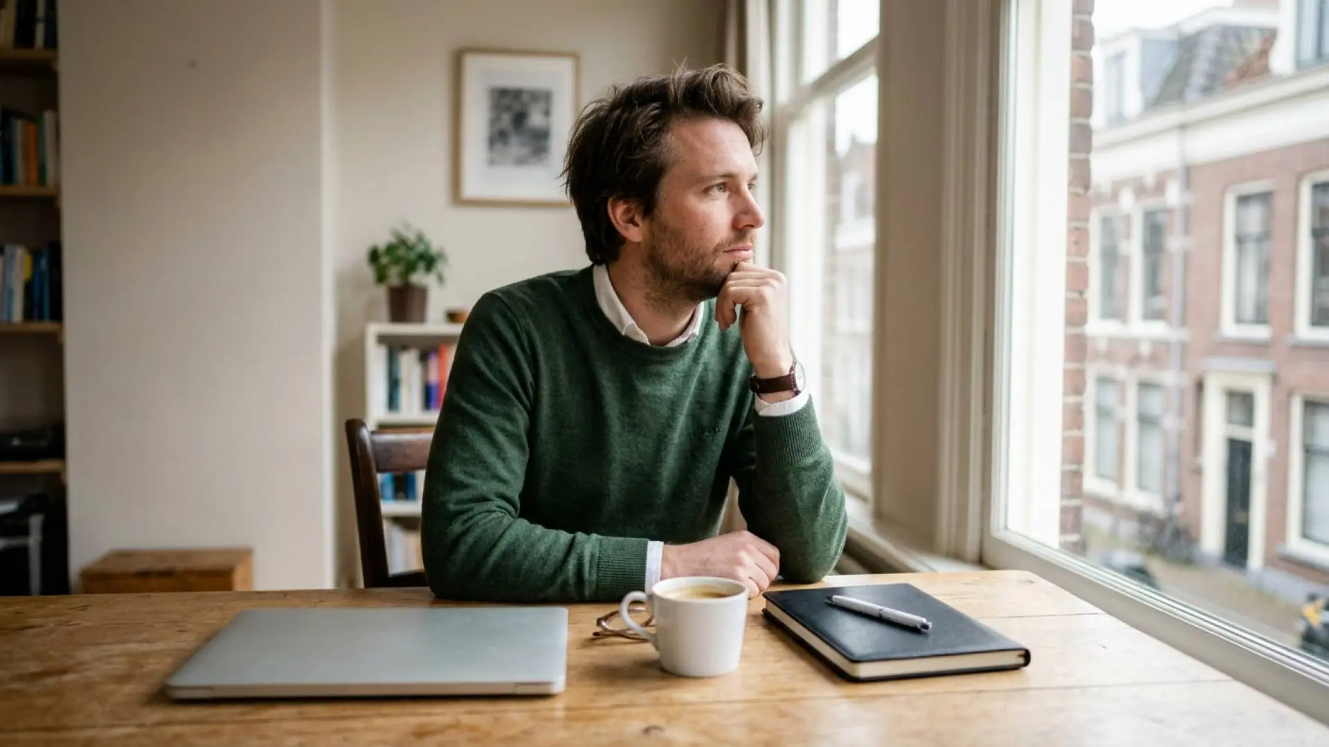 Nederlandse man in een groene trui zit aan een houten bureau met een dichte laptop, koffiemok en zwart notitieboek