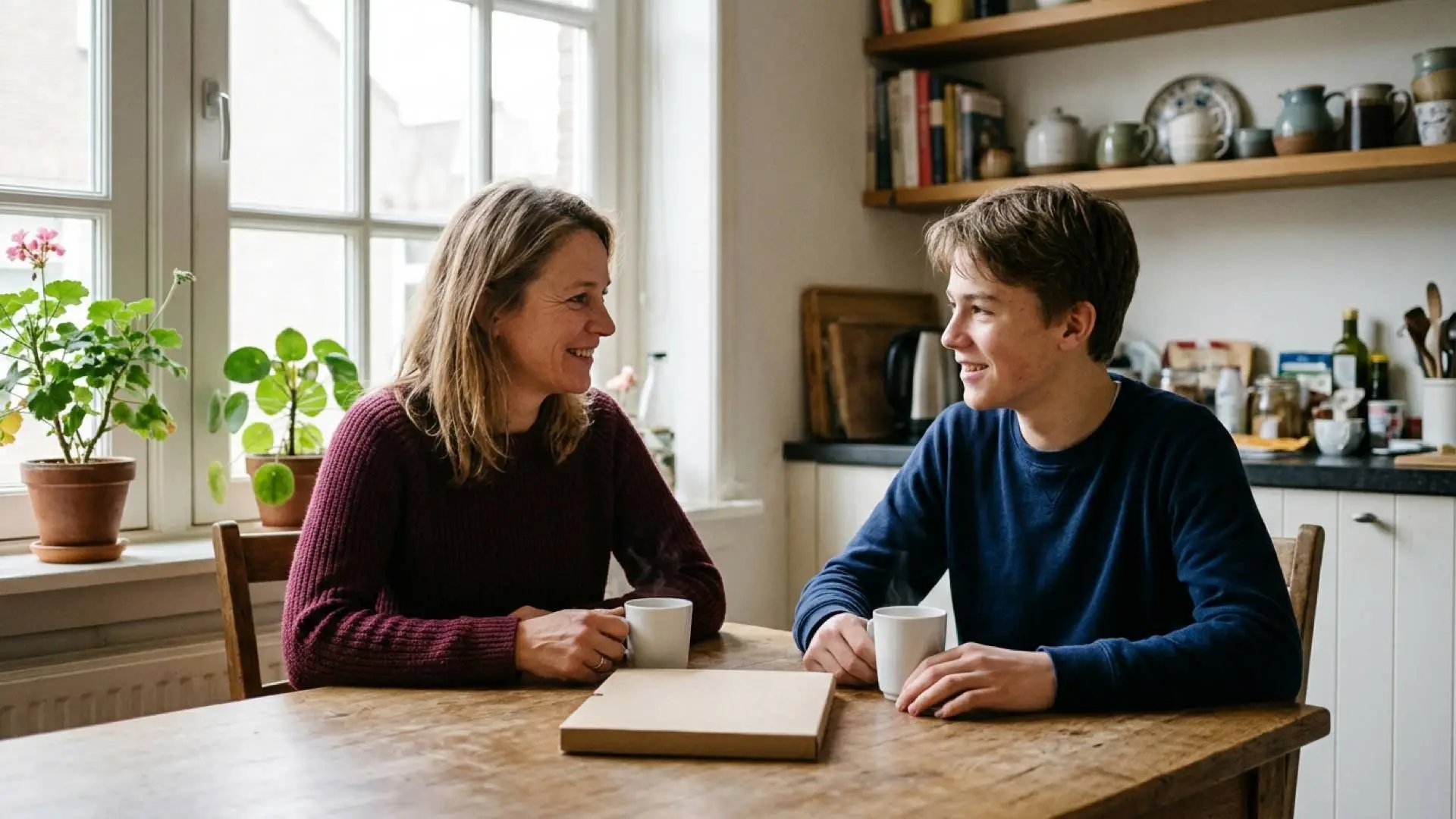 Nederlandse moeder in een bordeauxrode trui en haar tienerzoon zitten met twee witte mokken en een map aan de eettafel