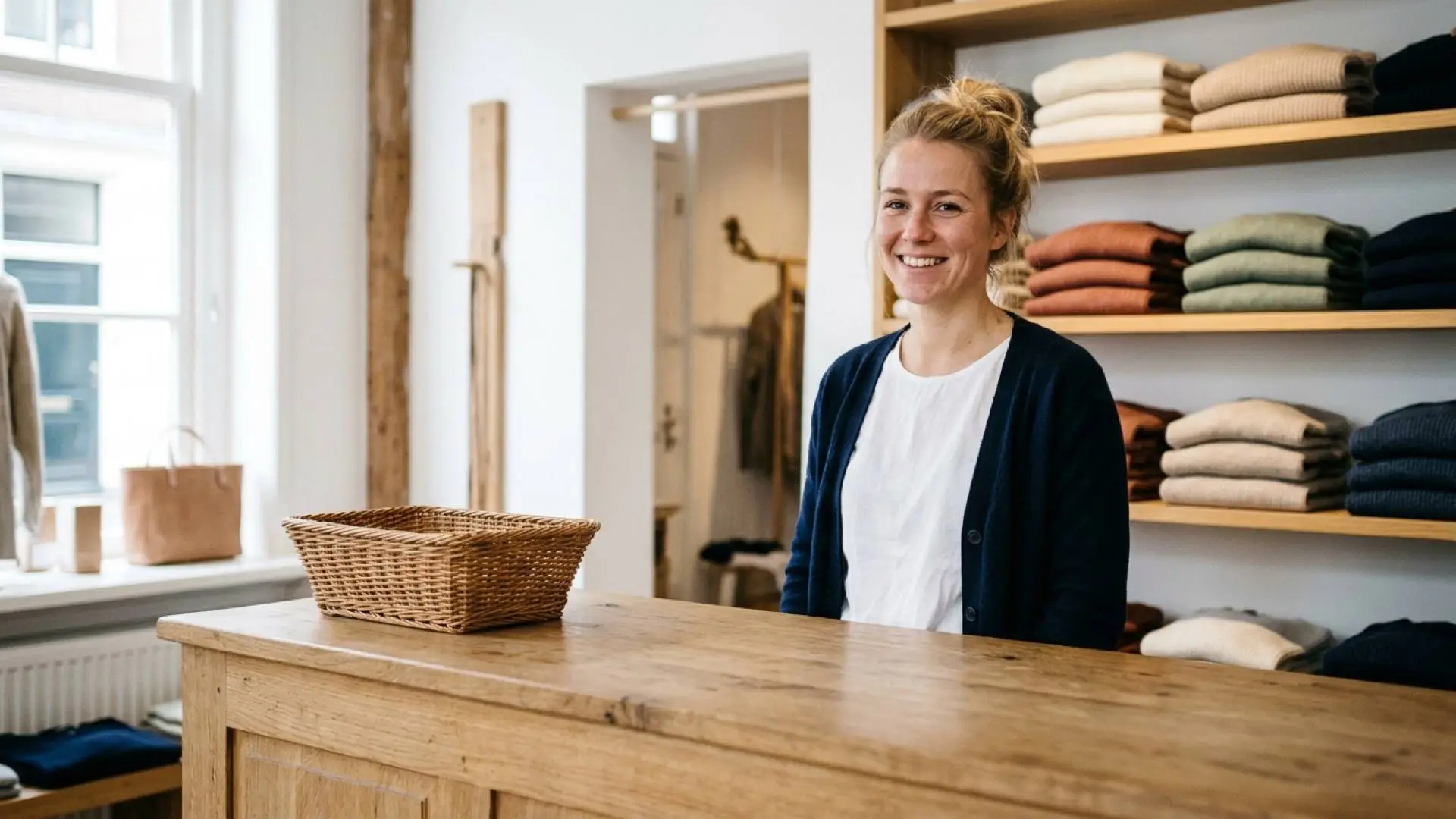 Nederlandse winkelmedewerkster in een donkerblauw vest staat achter een houten toonbank naast gevouwen wollen truien