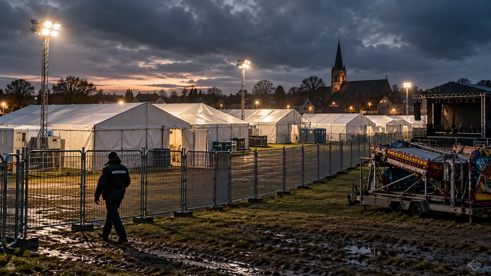 Witte opvangtenten en bouwhekken op een dorpsevenemententerrein, met een beveiliger en een ingeklapte kermisattractie