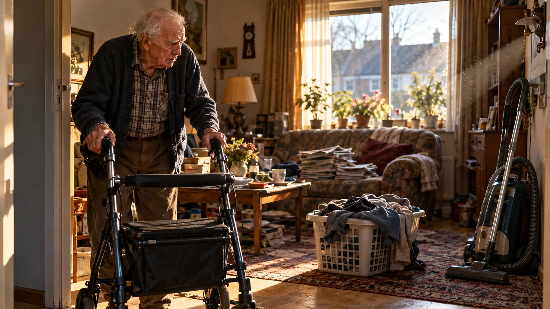 Hoogbejaarde man met rollator in zijn rommelige woonkamer, de stofzuiger staat ongebruikt in de hoek