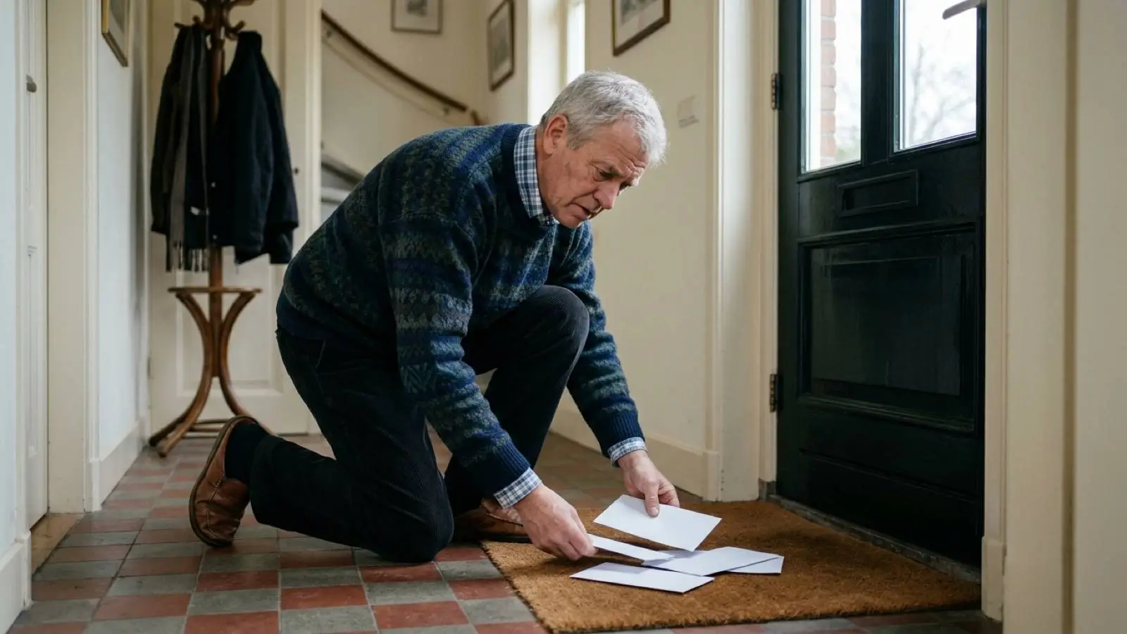 Nederlandse man in zijn hal die bij de voordeur blanco postenveloppen van de deurmat opraapt