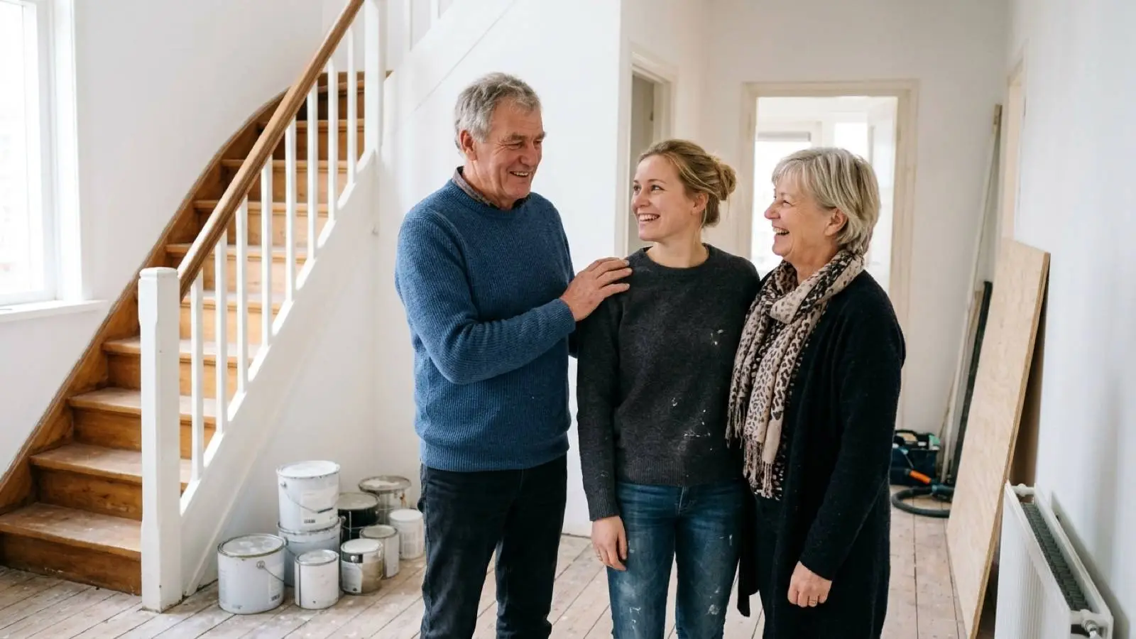 Nederlandse ouders op bezoek bij hun volwassen dochter in de gang van haar pas gekochte woning.