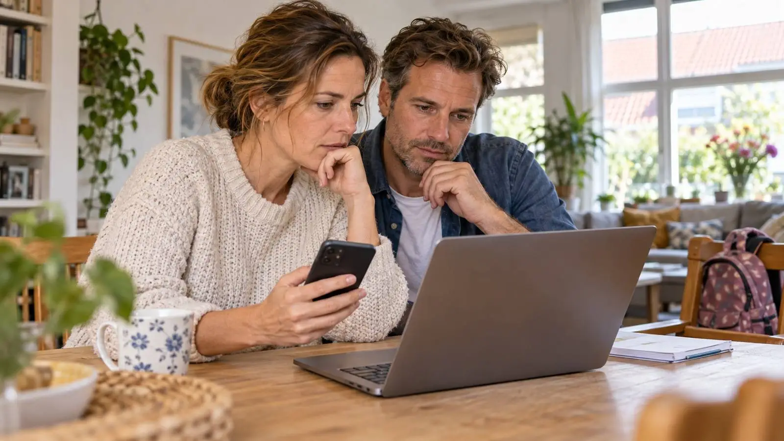Ewee ouders die samen naar een laptop kijken, terwijl de moeder een telefoon vasthoudt.