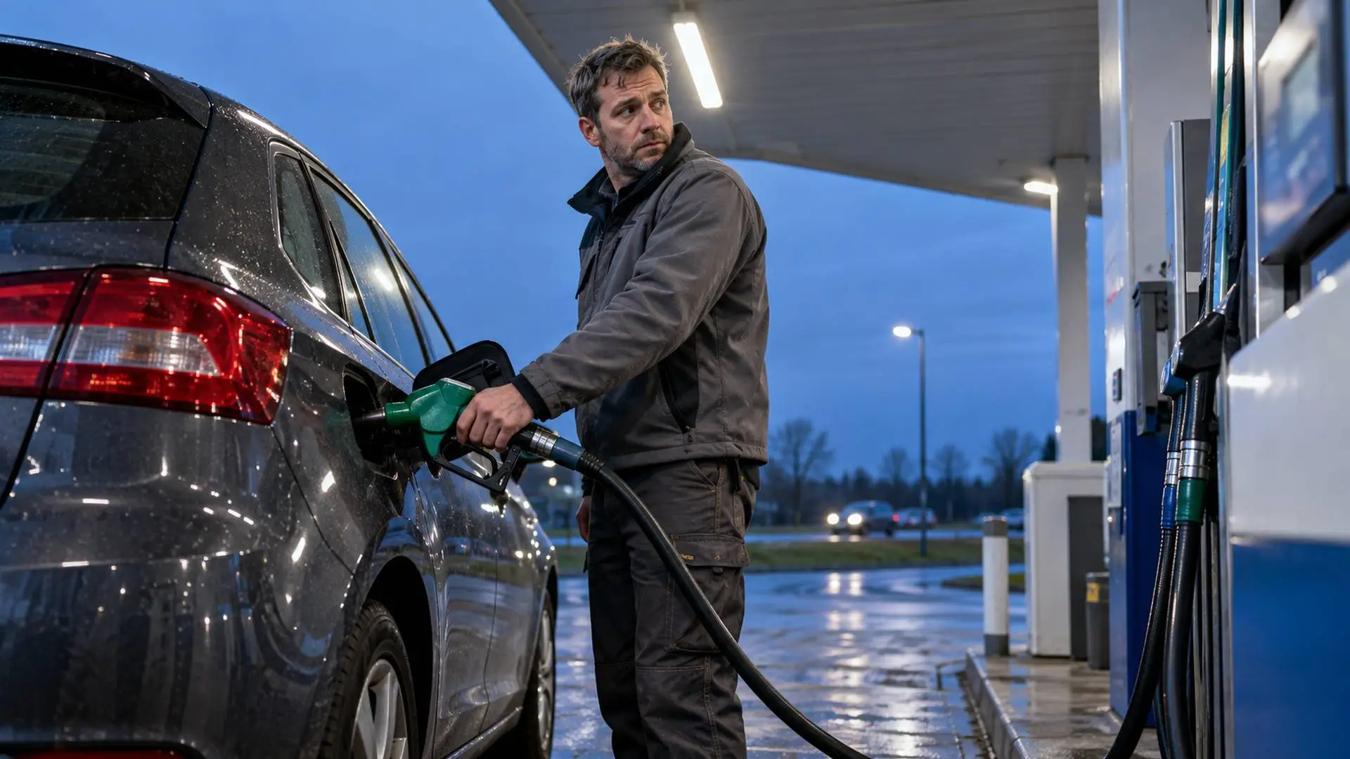 Man in werkkleding tankt vroeg in de ochtend zijn auto bij een tankstation