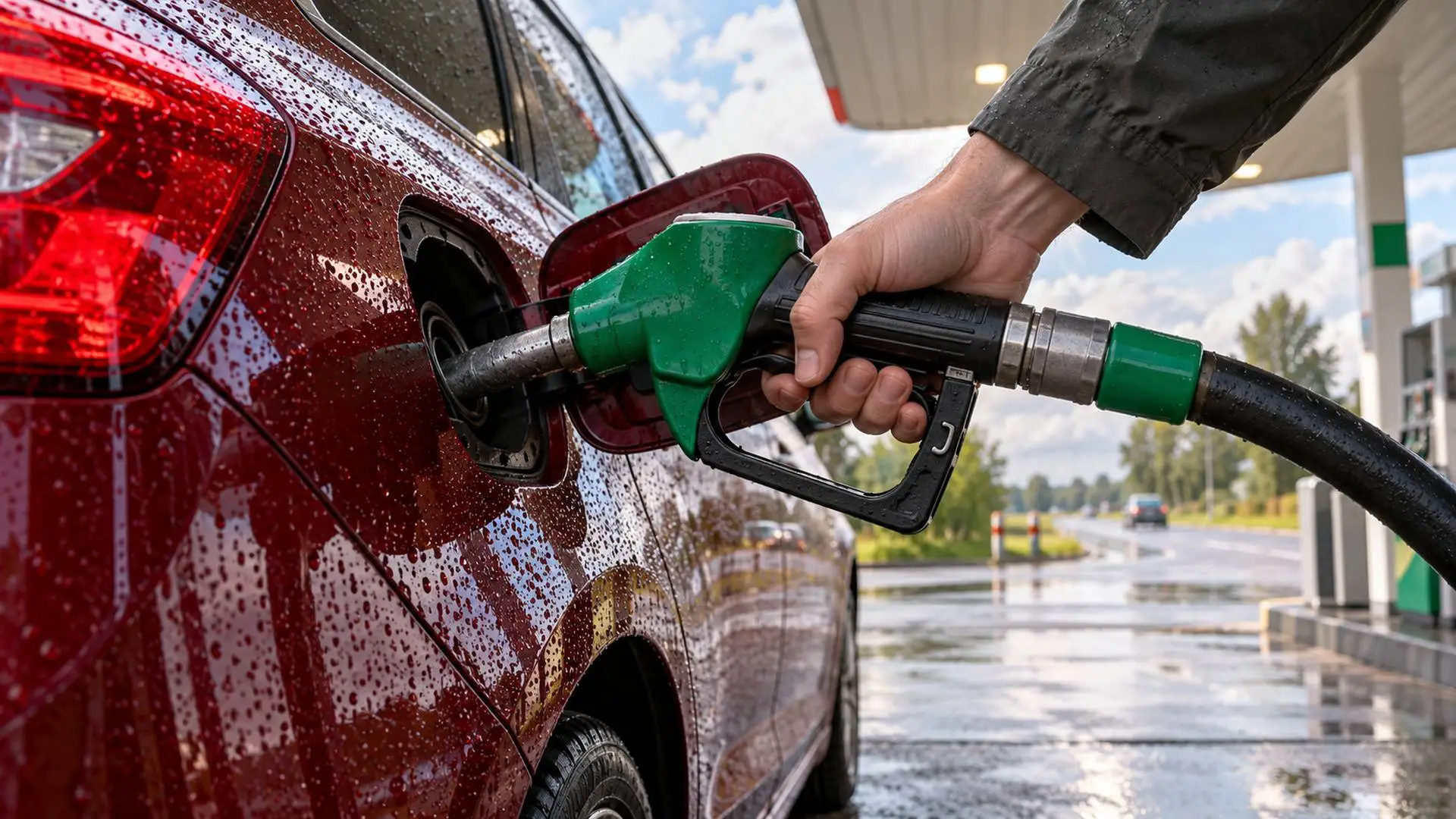 Hand houdt een groen benzinevulpistool in de tankopening van een donkerrode auto met regendruppels op de lak.