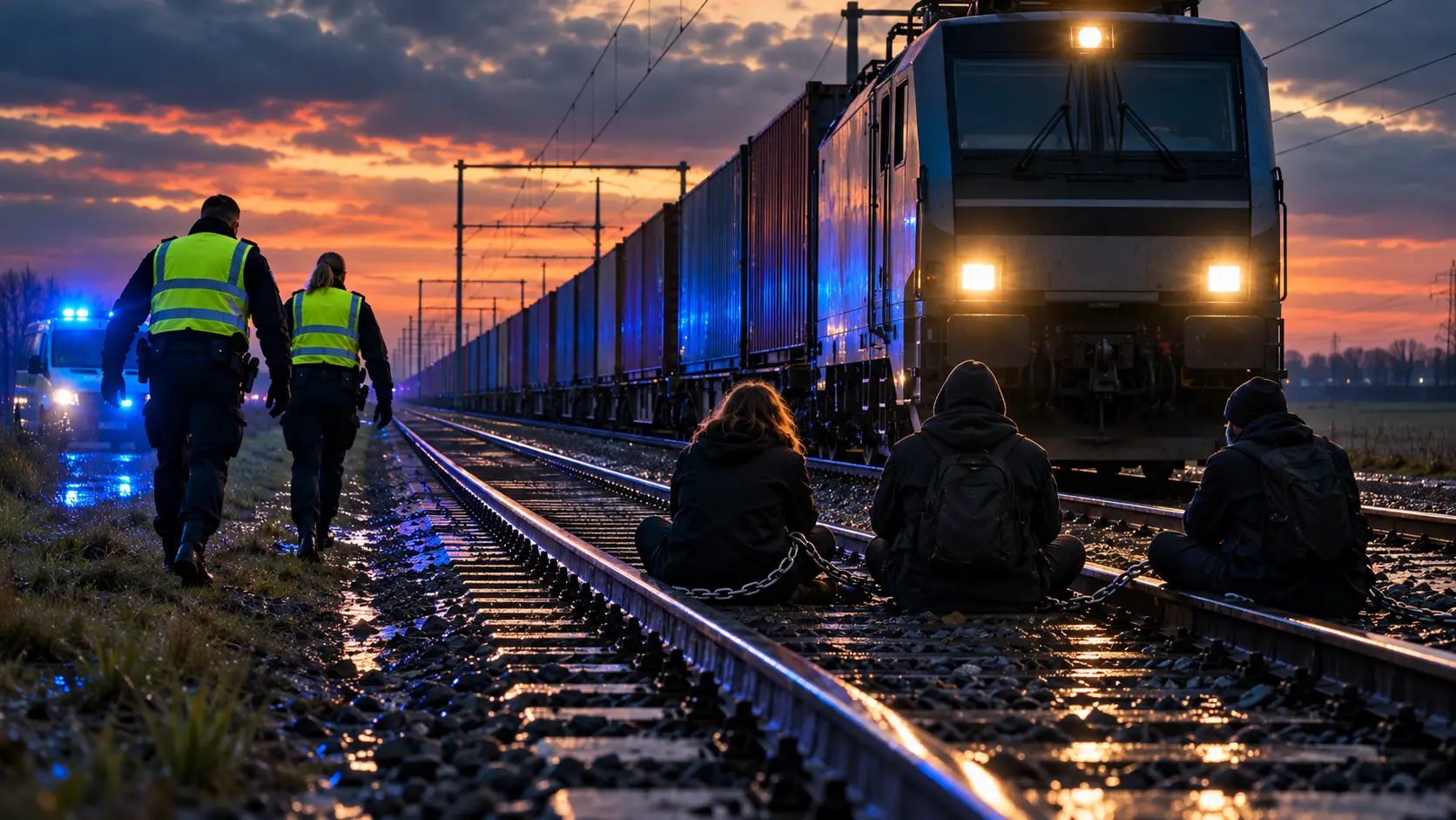 Vastgeketende actievoerders voor een stilstaande goederentrein, met naderende agenten en blauw zwaailicht.