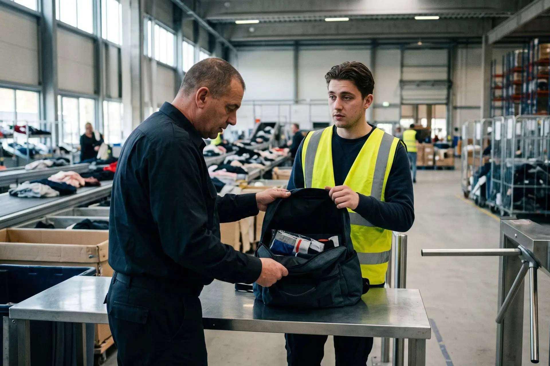 Beveiliger controleert de rugzak van een jonge magazijnmedewerker in geel hesje bij de uitgang van een kledingsorteercentrum