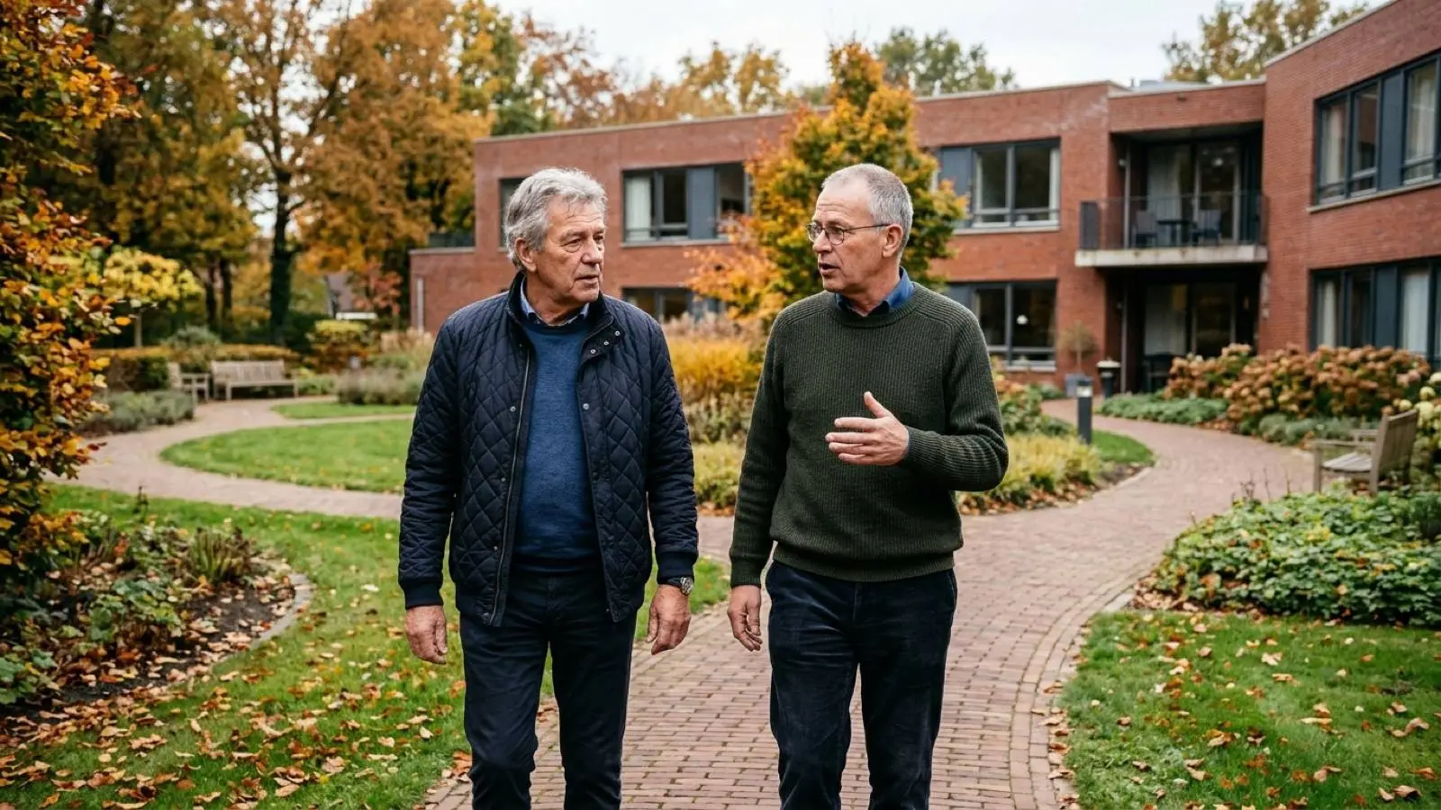 Twee Nederlandse broers van rond de zestig wandelen in gesprek door de binnentuin van een woonzorgcentrum.