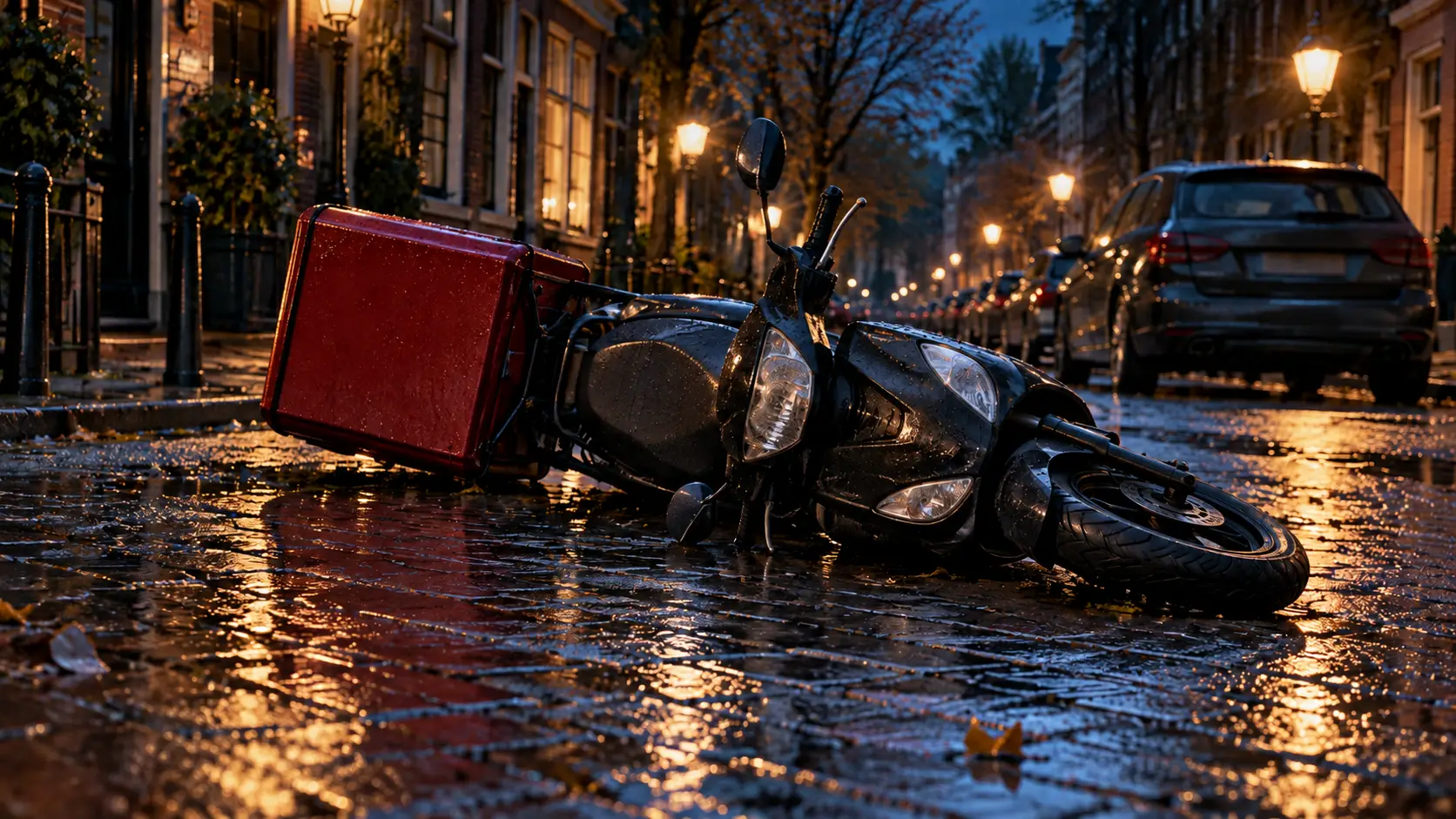 Omgevallen bezorgscooter op een natte straat in de avond