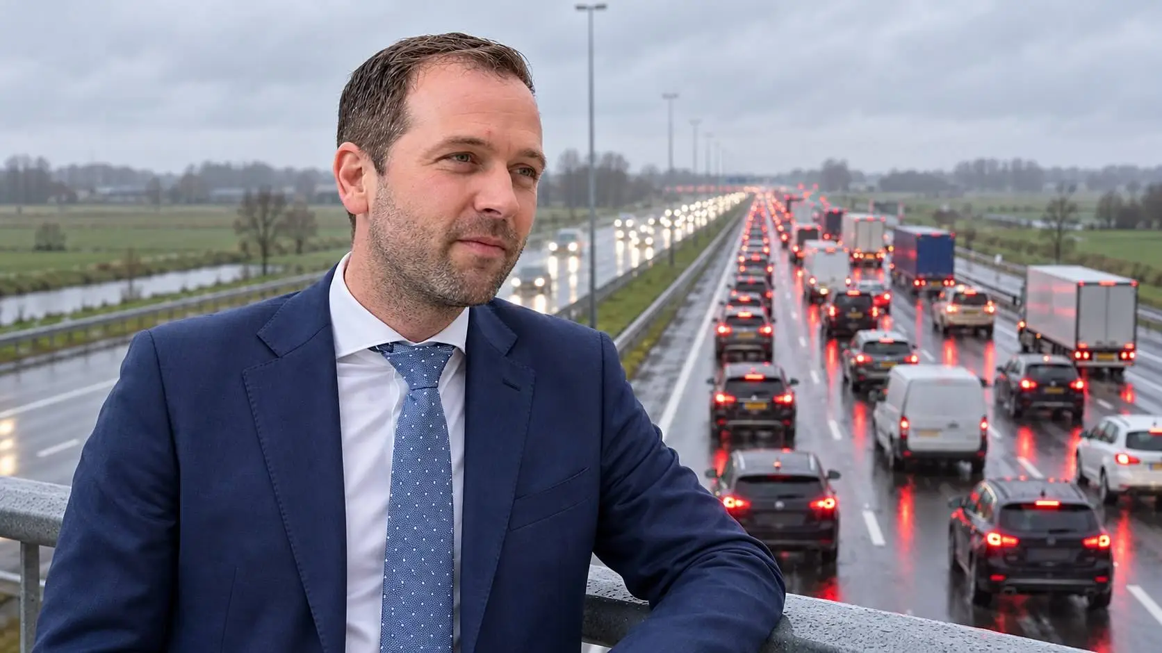 Bikkers staat op een viaduct boven een natte snelweg vol files en remlichten, onder een grijze regenlucht