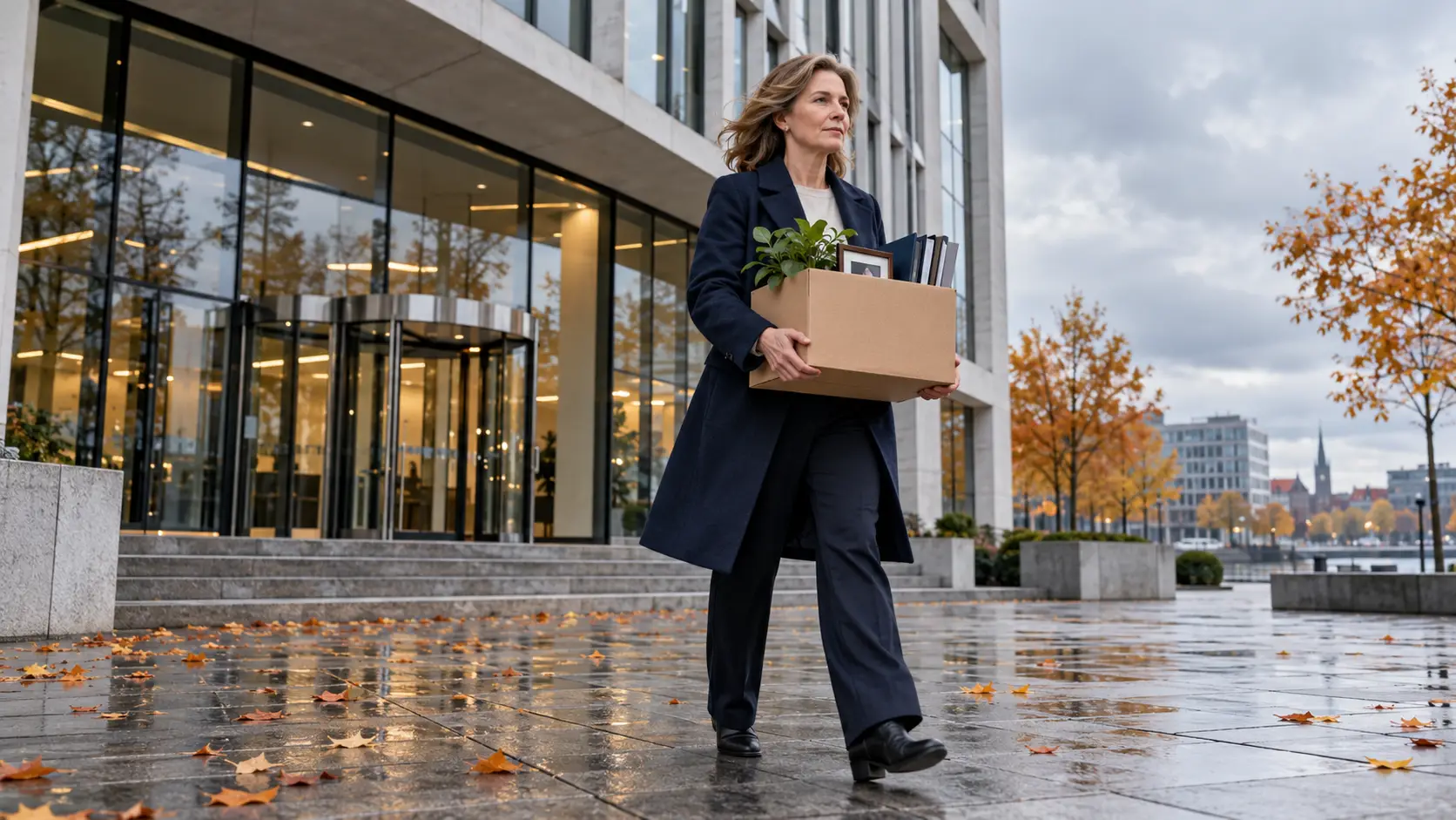 Vrouw loopt met een kartonnen doos vol spullen weg van een groot kantoorgebouw.