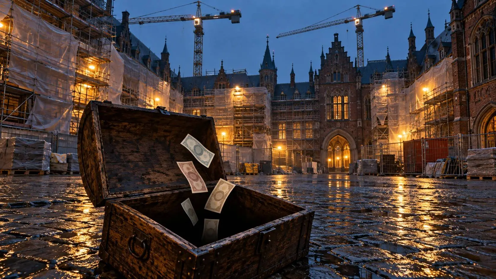 Historische binnenplaats in steigers met bouwkranen en geld dat in een put verdwijnt, over de kosten van de Binnenhofrenovatie