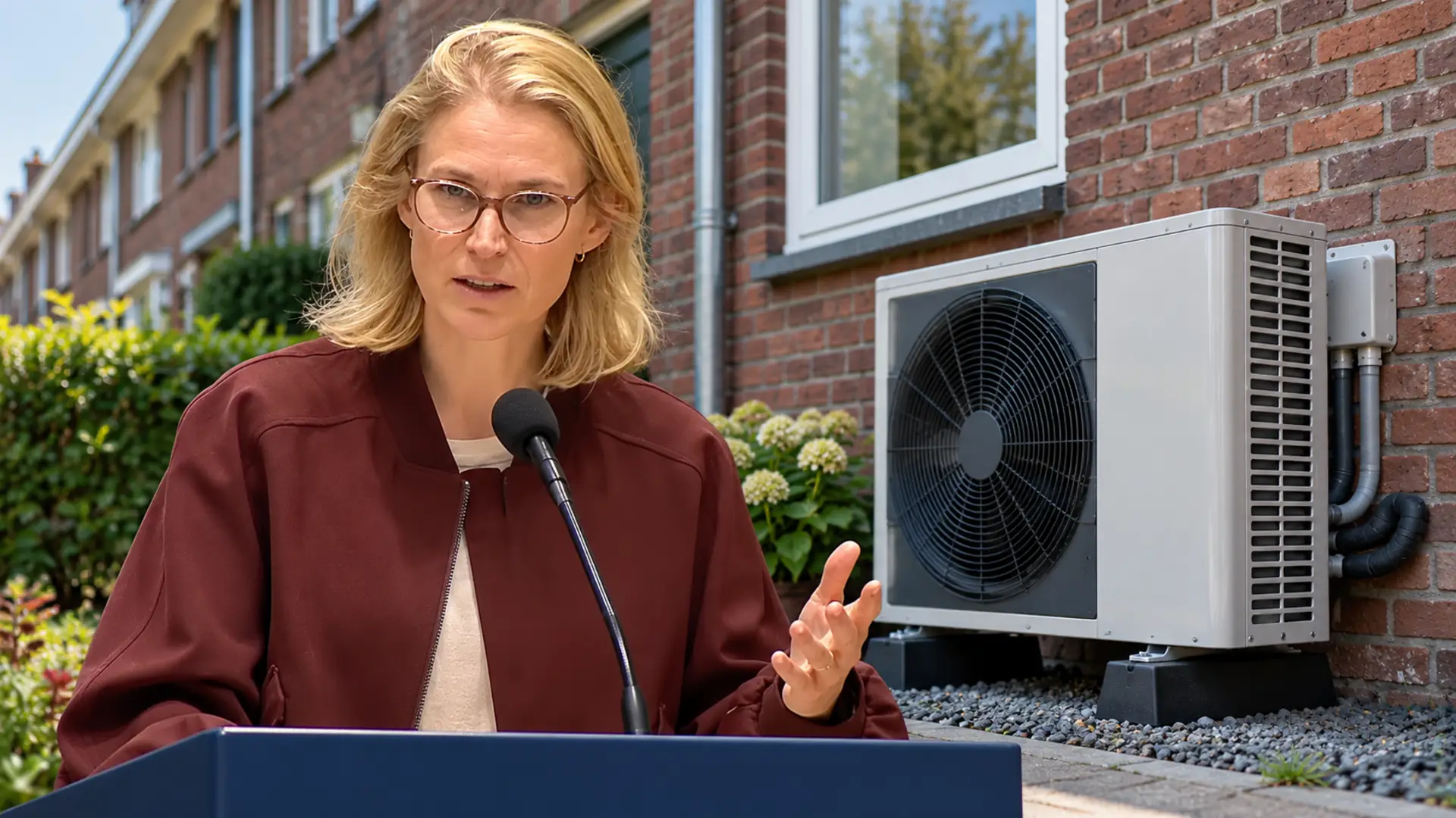 Redactionele illustratie van Elanor Boekholt-O’Sullivan achter een spreekgestoelte, met een Nederlandse rijwoning en warmtepomp op de achtergrond.