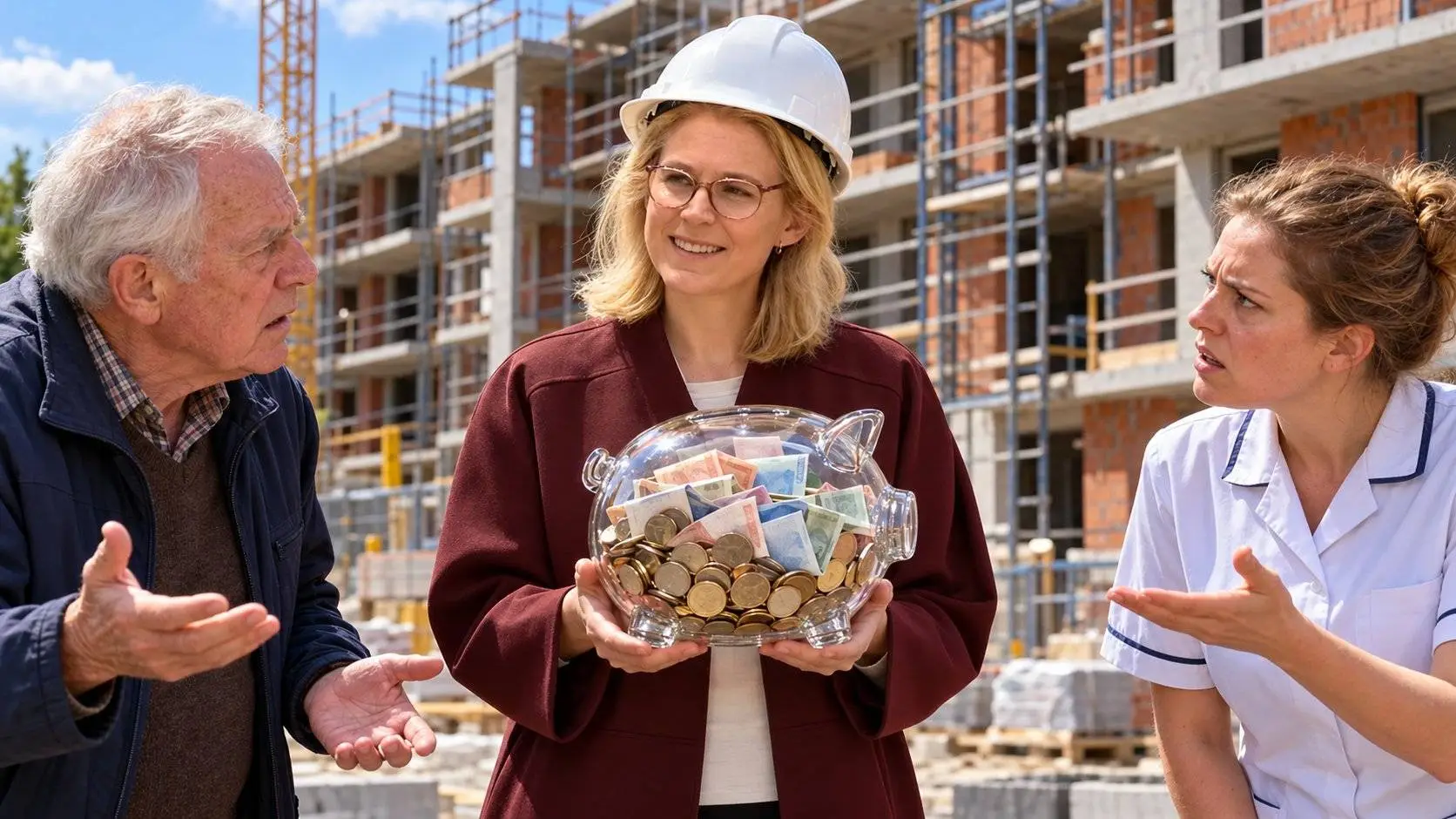 Boekholt met bouwhelm houdt een glazen spaarpot met geld vast bij nieuwbouw, een oudere man en verpleegkundige kijken boos