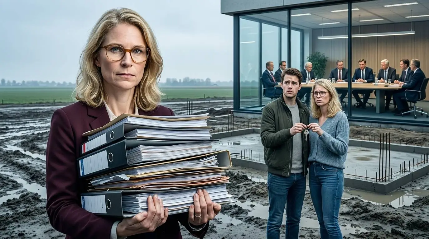 D66-minister Elanor Boekholt-O'Sullivan met een stapel beleidsmappen bij een stilgevallen bouwterrein en woningzoekenden.