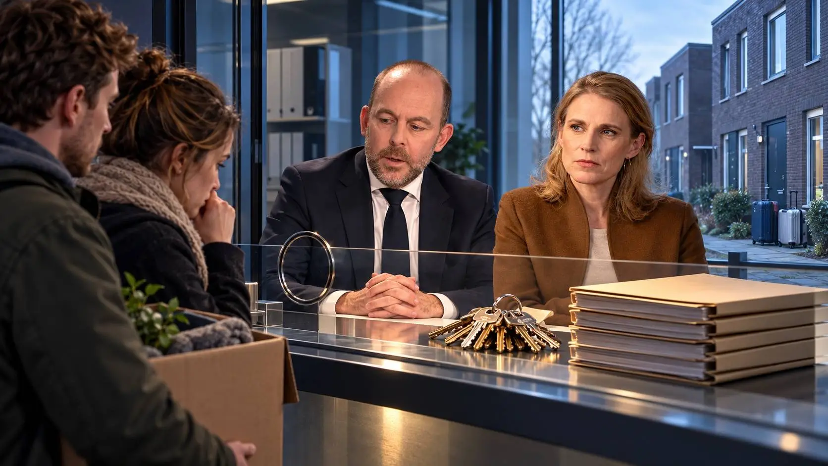 AI-illustratie van Boekholt-O’Sullivan en Van den Brink achter een woningloket, met sleutels en dossiers, terwijl een jong stel met een verhuisdoos wacht.