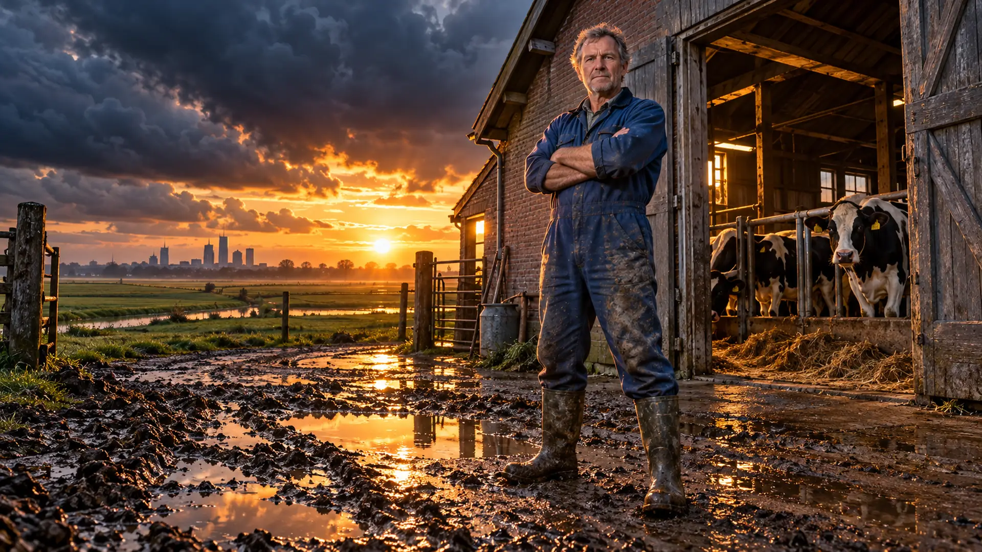Vastberaden boer met gekruiste armen op een modderig erf bij zonsopgang, met koeien in de stal achter hem.
