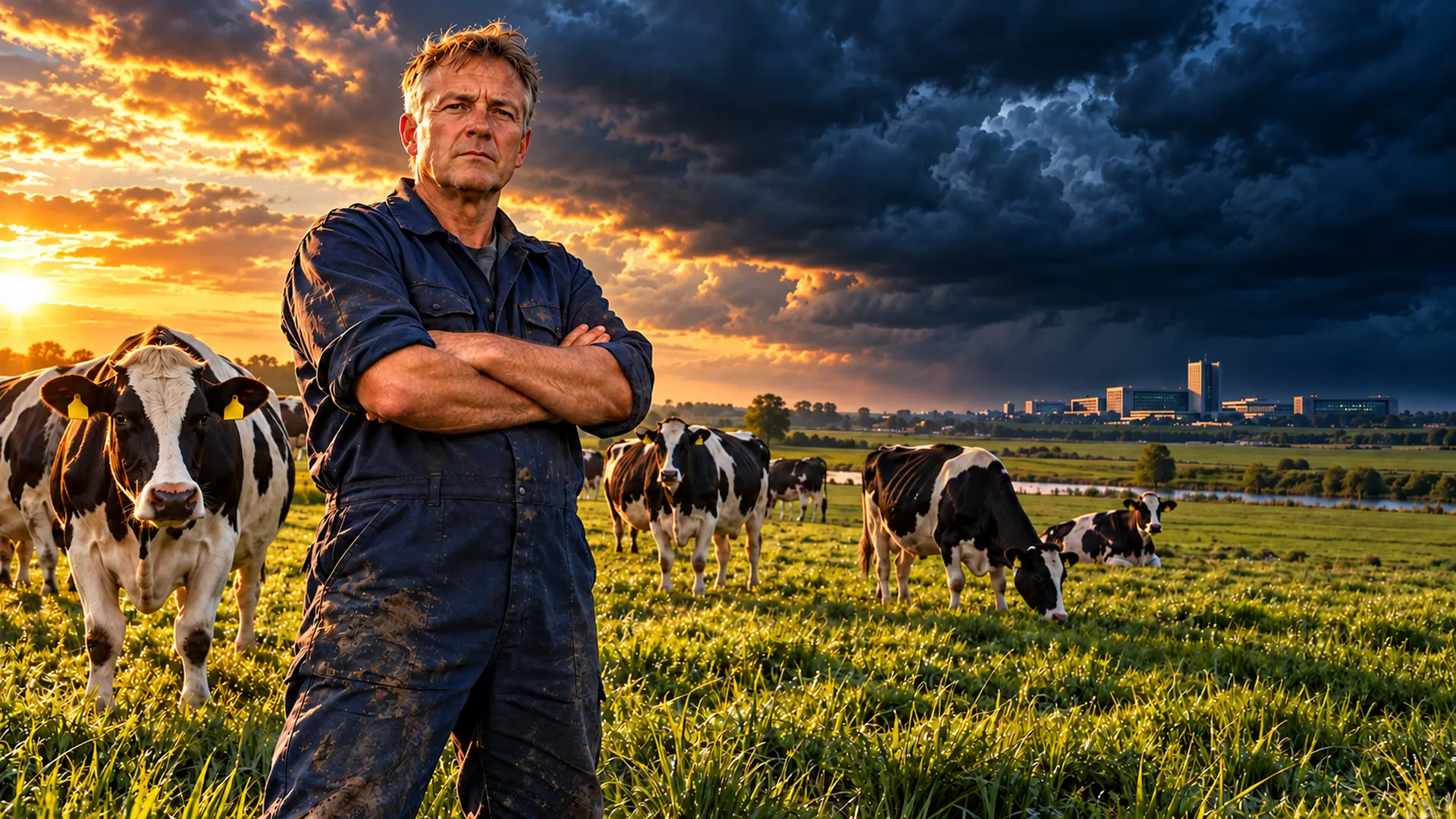 Vastberaden melkveehouder tussen zwartbonte koeien, met een overheidsgebouw onder donkere wolken aan de horizon.