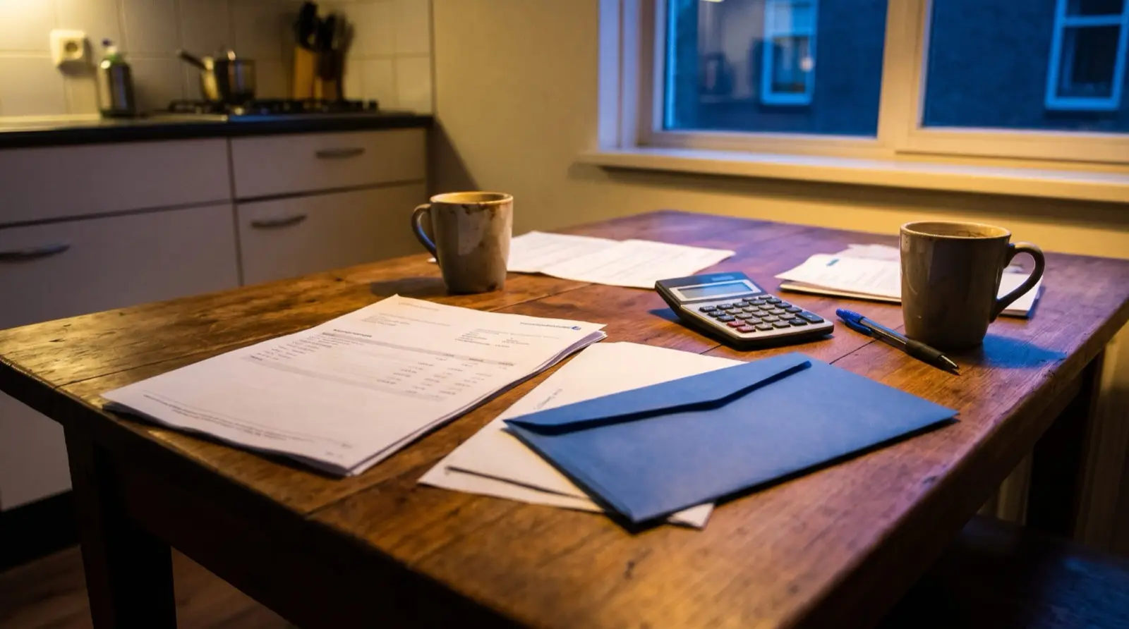Een keukentafel met een bankafschrift, een blauwe envelop, een rekenmachine en twee koffiemokken in warm avondlicht.