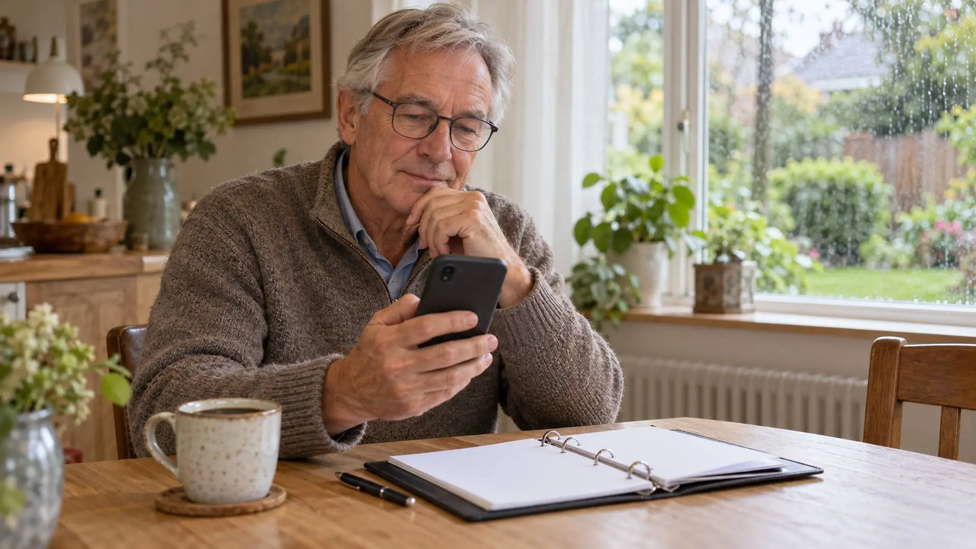Oudere man zit aan de keukentafel met zijn telefoon en een kop koffie, in ochtendlicht.