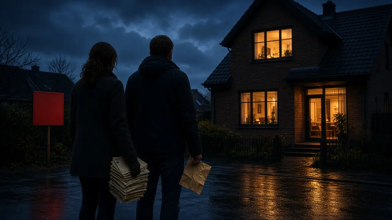 Een jong stel staat van achteren gezien op een natte straat in de avond voor een verlicht bakstenen huis; de vrouw houdt een stapel papieren vast, de man een bruine envelop.
