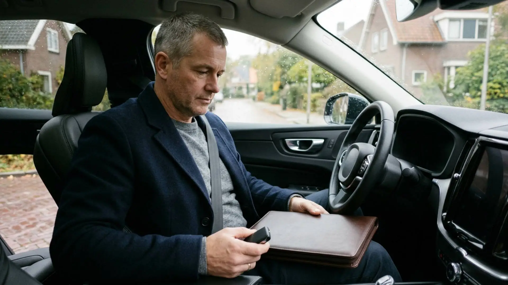 Nederlandse man in donkerblauwe jas zit op de bestuurdersstoel van zijn geparkeerde auto met autosleutel en lederen map.