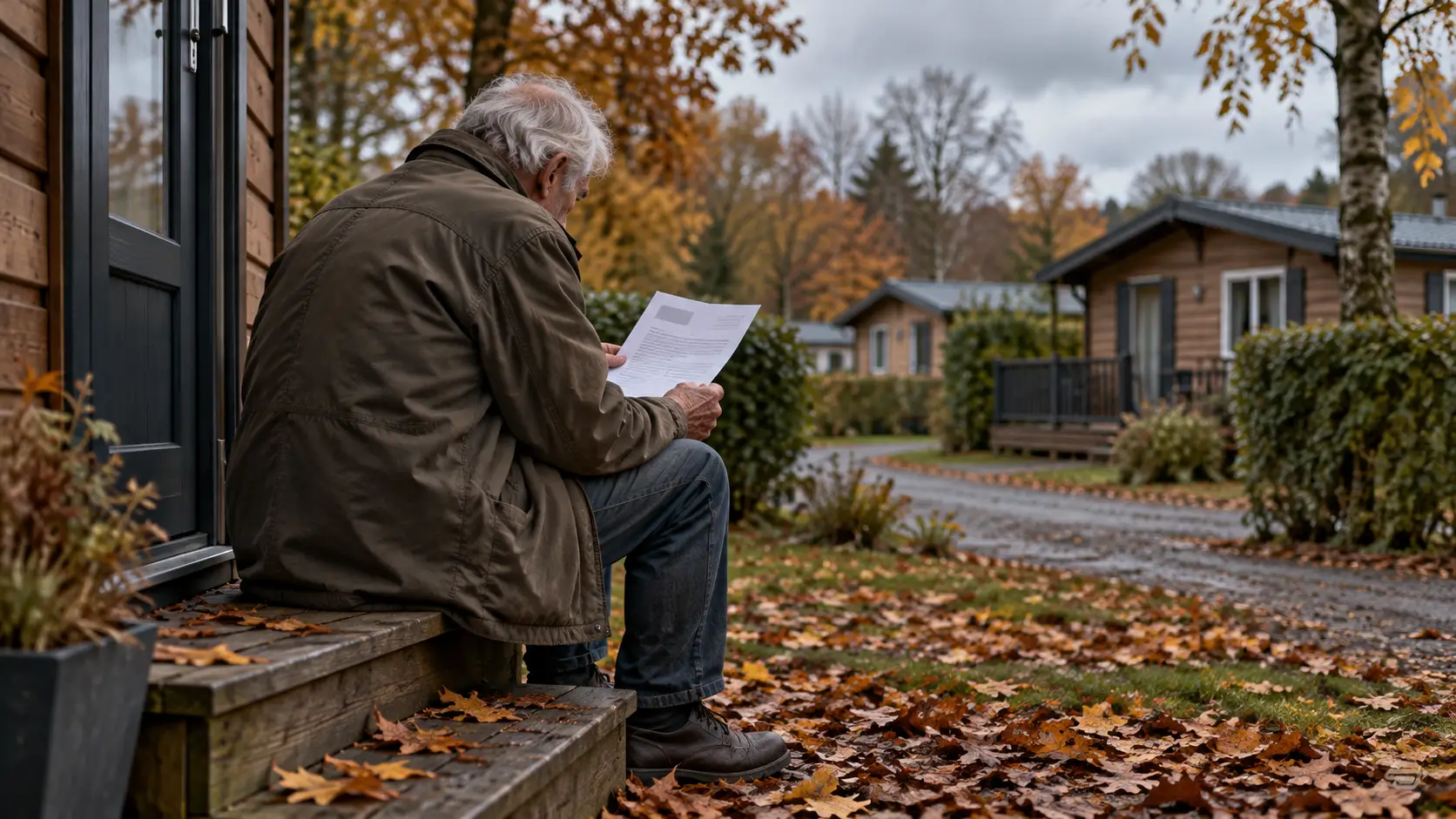 Oudere man met een brief van de gemeente op het trapje van zijn chalet op een vakantiepark in de herfst