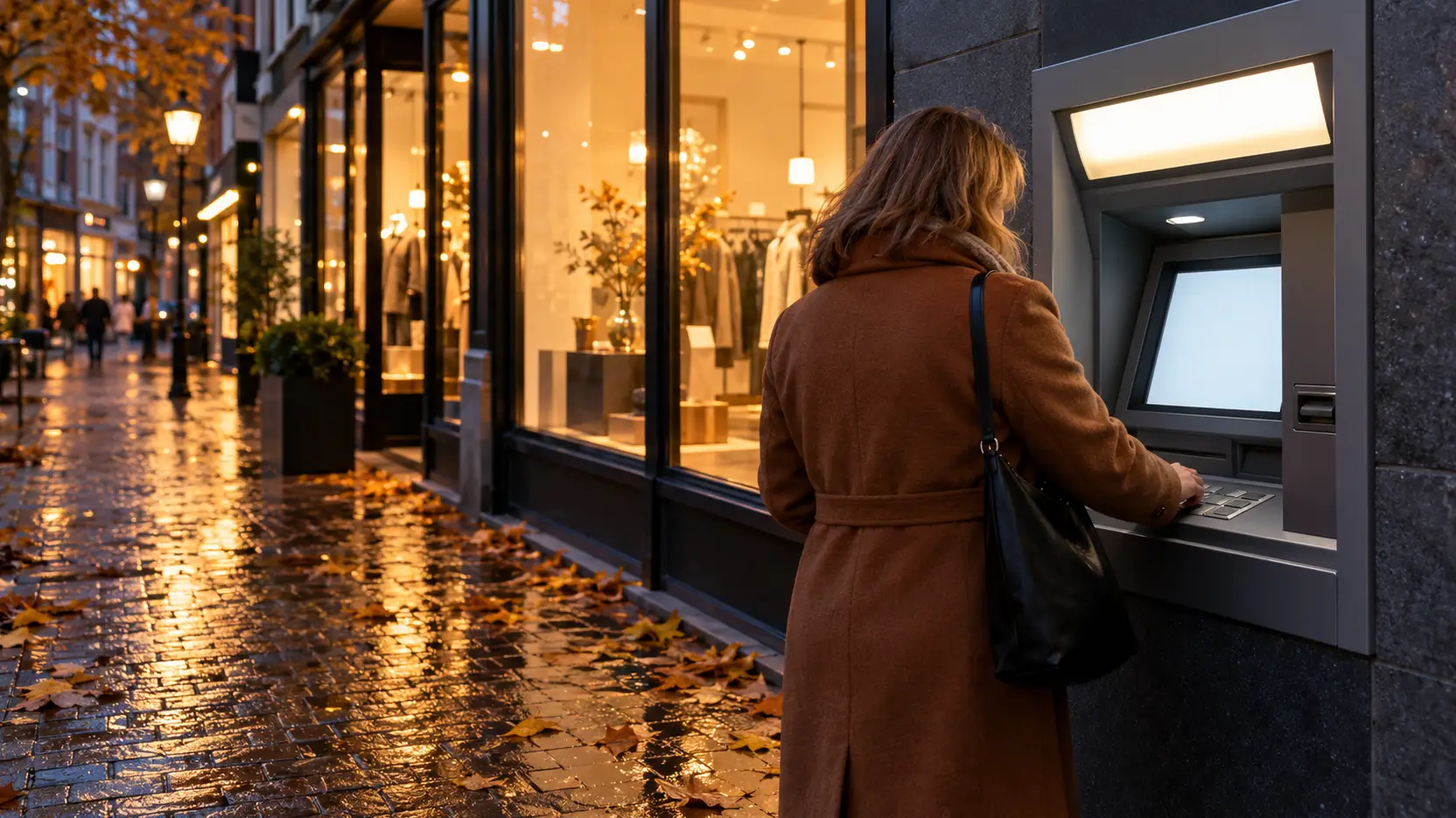 Vrouw in herfstjas, van achteren gezien, bij een buitengeldautomaat in een Nederlandse winkelstraat op een natte oktoberavond met warm winkellicht