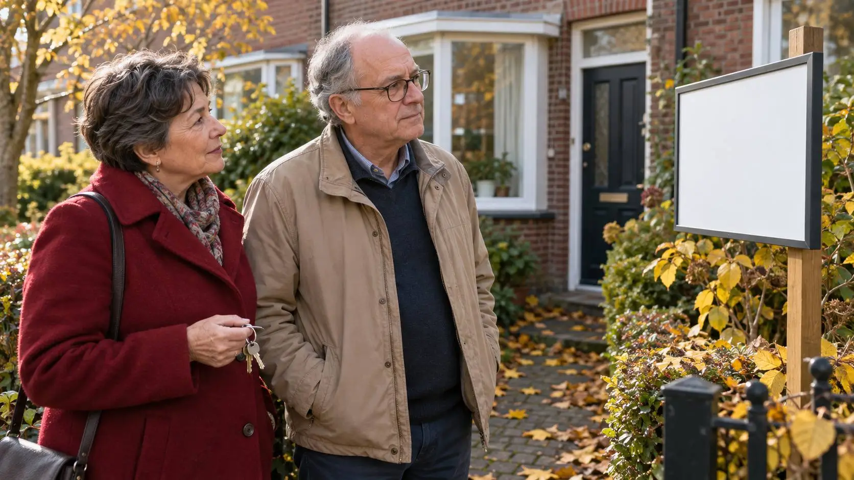 Broer en zus staan voor een rijtjeshuis met een verkoopbord in de voortuin; de zus houdt de huissleutels vast.