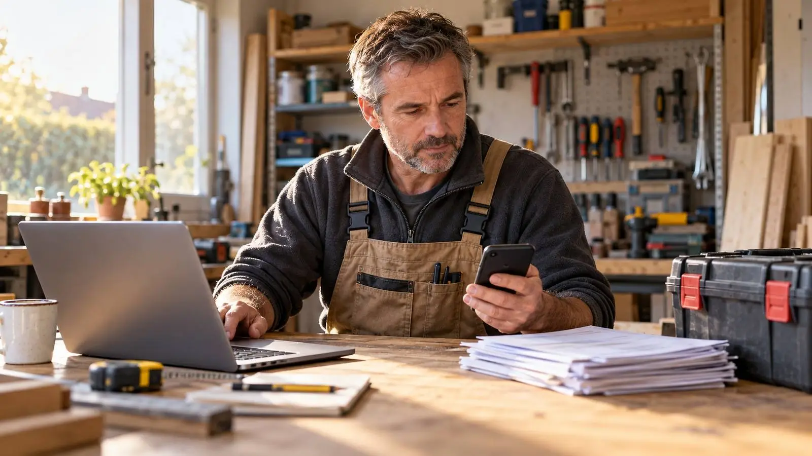 Een ondernemer die op zaterdagochtend zijn btw-administratie en betaling afrondt.