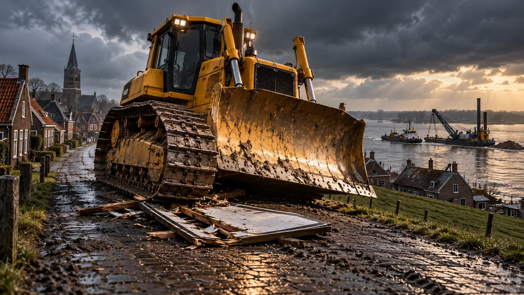 Een gele bulldozer die een bord verplettert op een dorpsdijk, met dijkhuisjes en baggerschepen op de achtergrond.