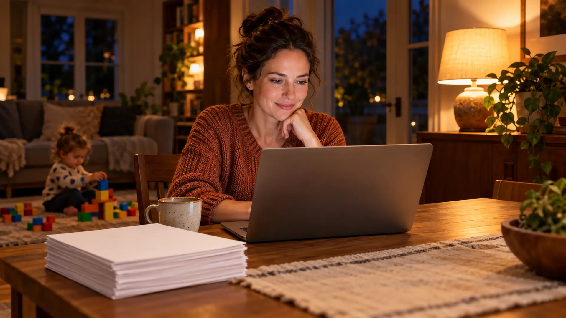 Moeder werkt 's avonds aan de eettafel op haar laptop aan papieren, haar peuter speelt op de achtergrond