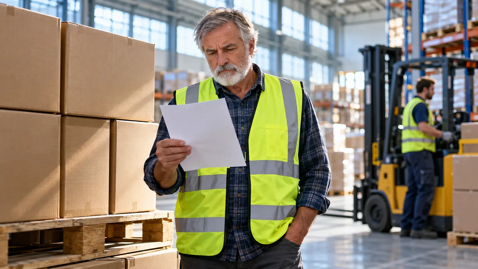 Man van rond de zeventig in werkhesje bekijkt in een distributiecentrum zijn loonstrook