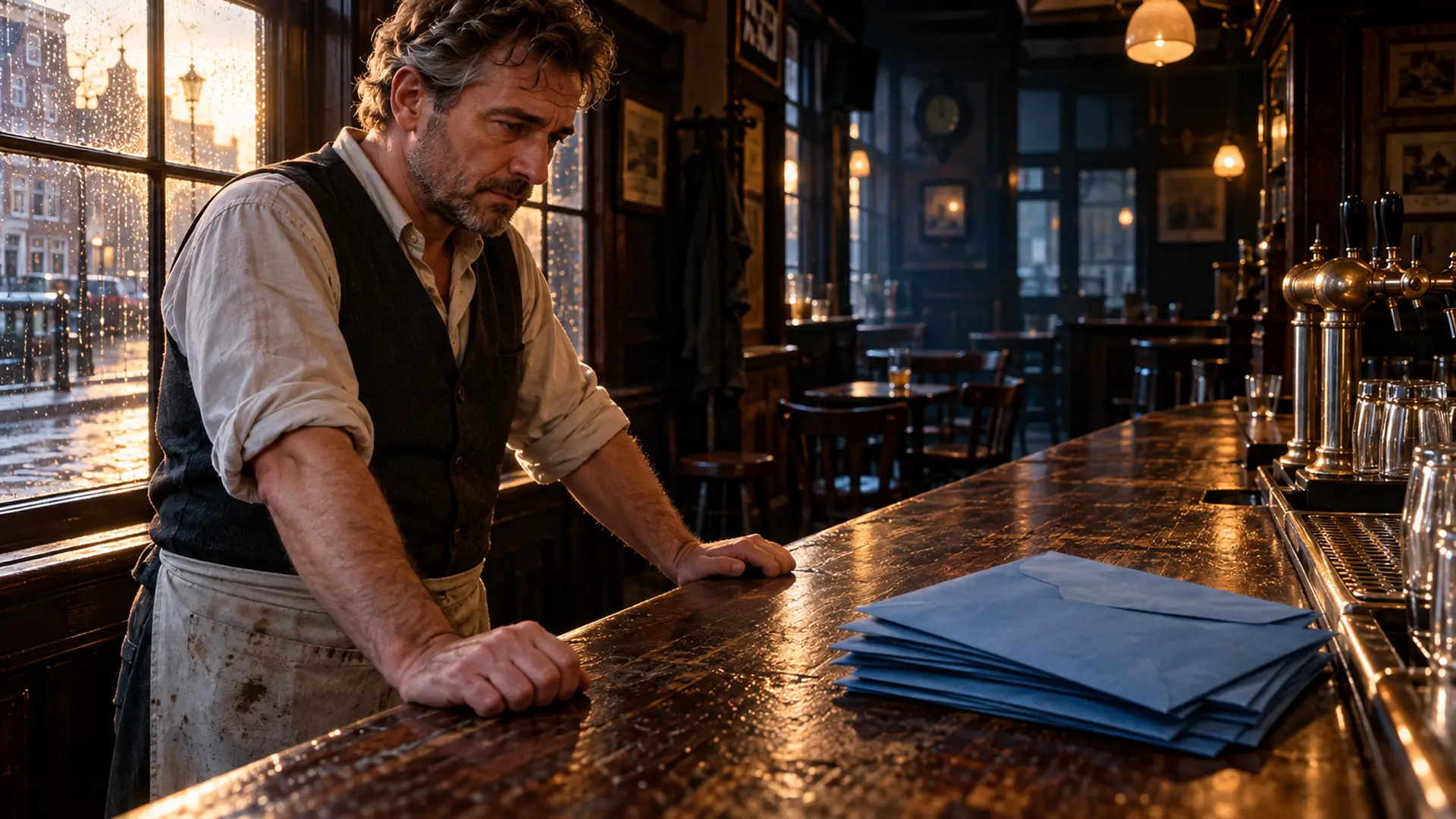 Bezorgde café-eigenaar kijkt naar een stapel blauwe overheidsenveloppen op de bar van een leeg bruin café.