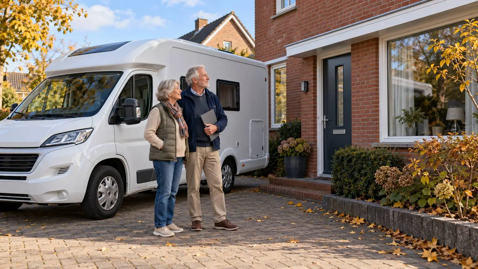 Ouder stel staat met een gesloten map naast een witte camper op de oprit en kijkt naar de woning.
