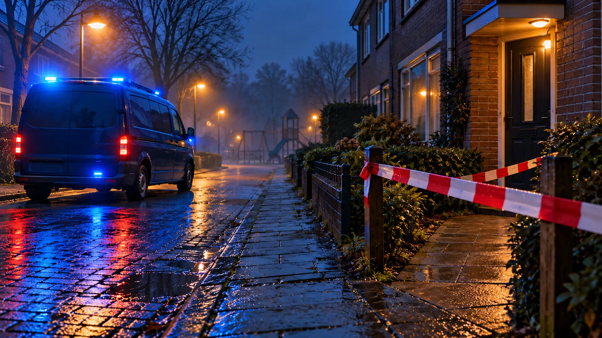 Politiebusje met blauwe zwaailichten bij een afgezet tuinpad in een Nederlandse woonwijk, met een lege speeltuin in de ochtendmist.
