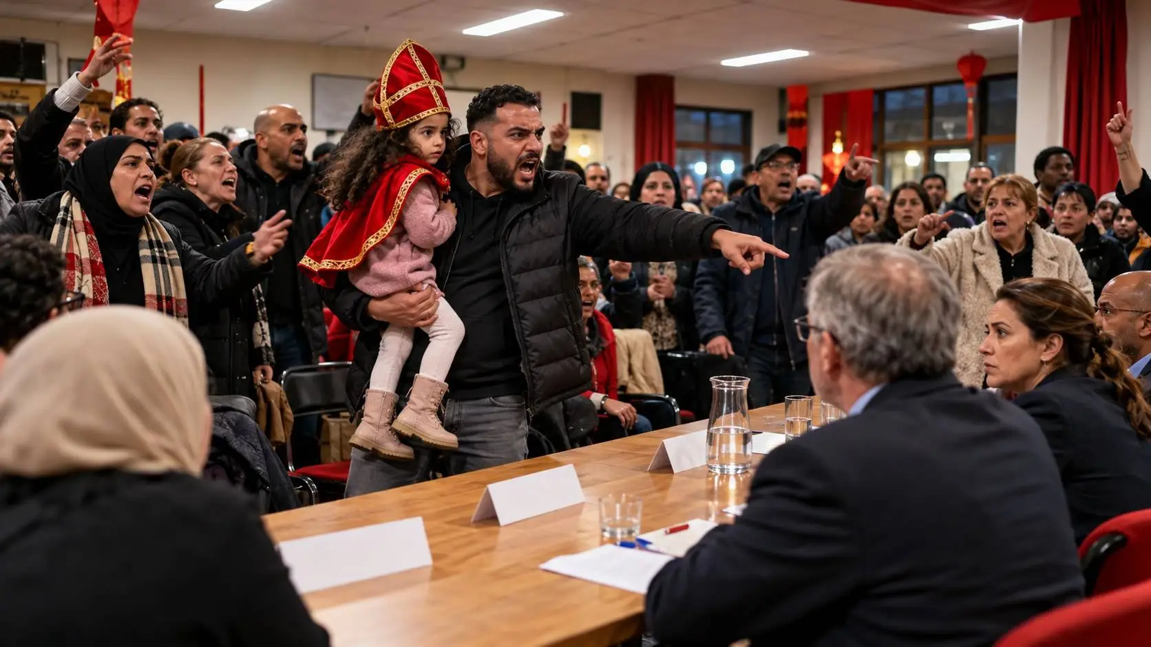 Boze vader met dochtertje met Sinterklaasmijter wijst naar de wijkraadtafel in een volle buurthuiszaal