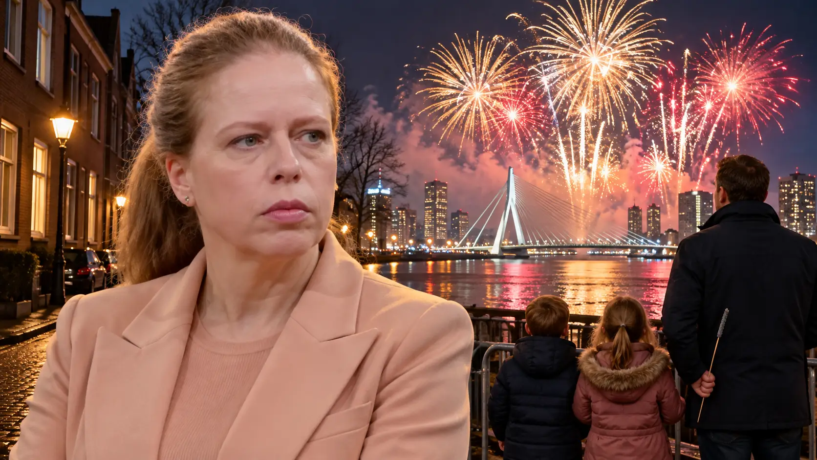 Illustratie van Carola Schouten bij een gezin achter een dranghek, met professioneel vuurwerk boven een havenbrug op de achtergrond.