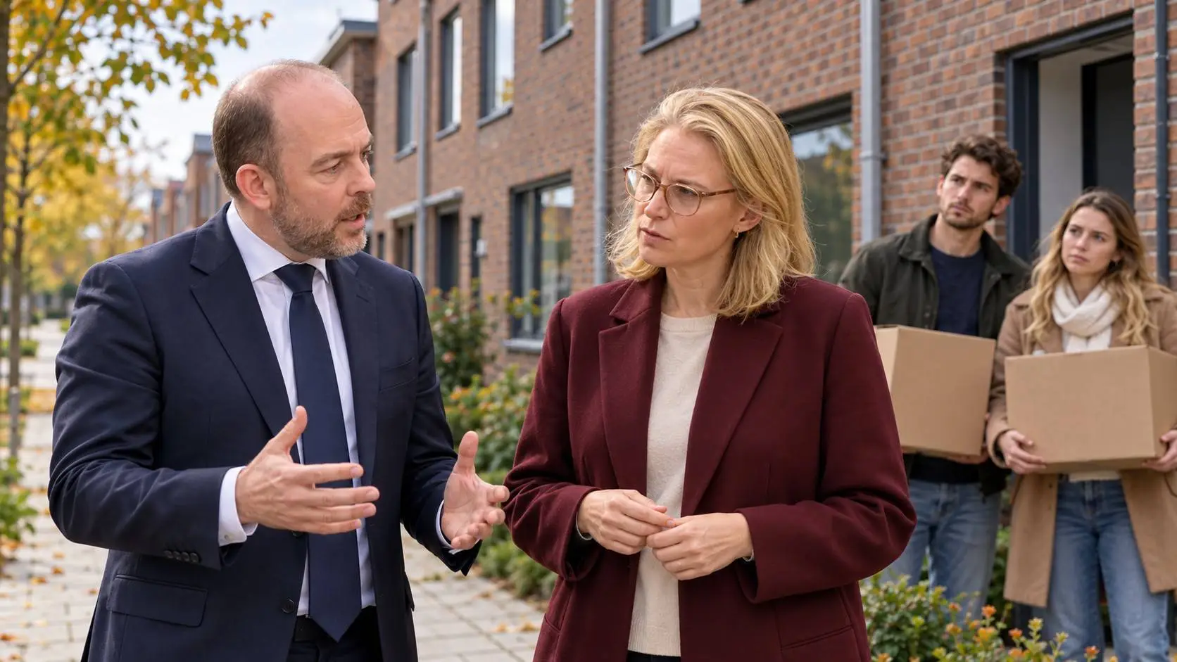 Boekholt en Van den Brink in gesprek voor nieuwe rijtjeshuizen, achter hen een jong stel met verhuisdozen