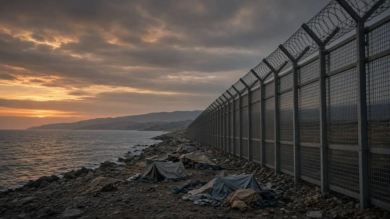 Een hoog grenshek met prikkeldraad langs een rotsachtige kust in de schemering, met verlaten tentjes en dekens op de grond ervoor, de zee en een heuvelachtige kust op de achtergrond, zonder mensen (AI-beeld)