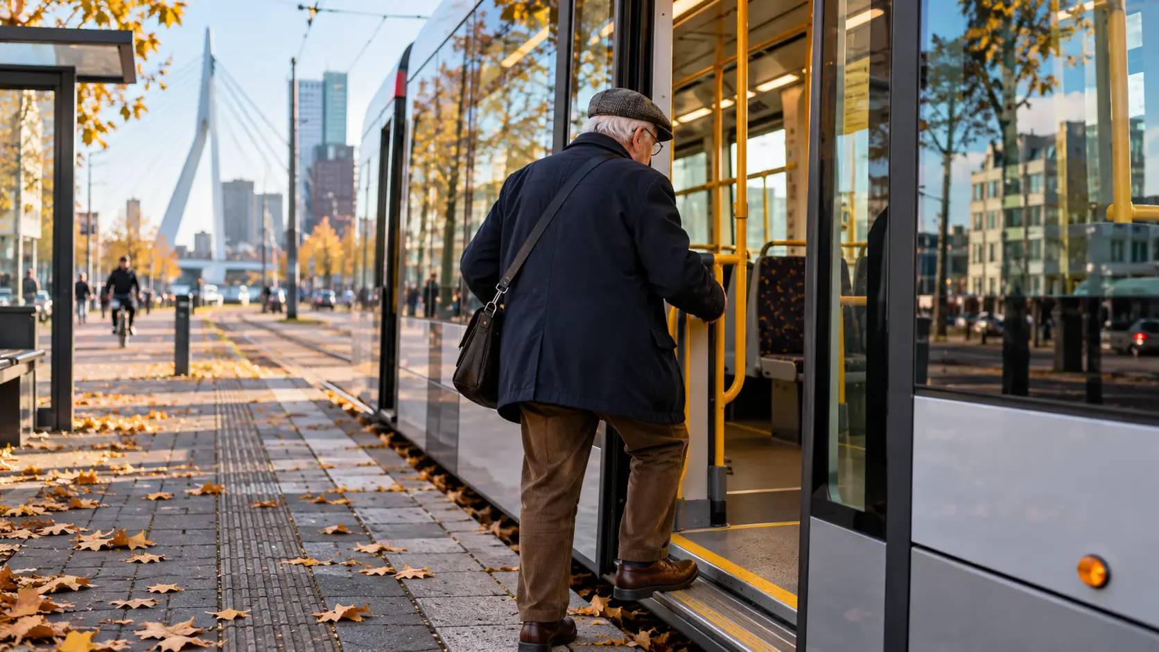 Illustratie van een oudere man die in een tram stapt.
