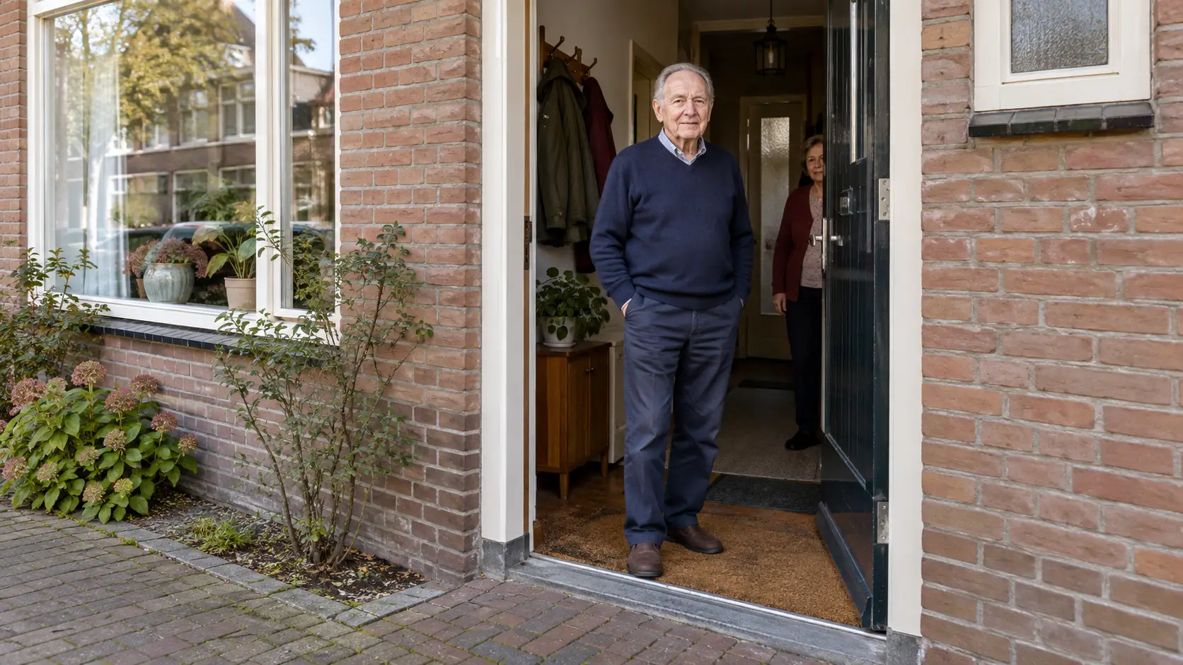 Illustratie van een oudere man bij de open voordeur van een woning met een tweede bewoner in de hal